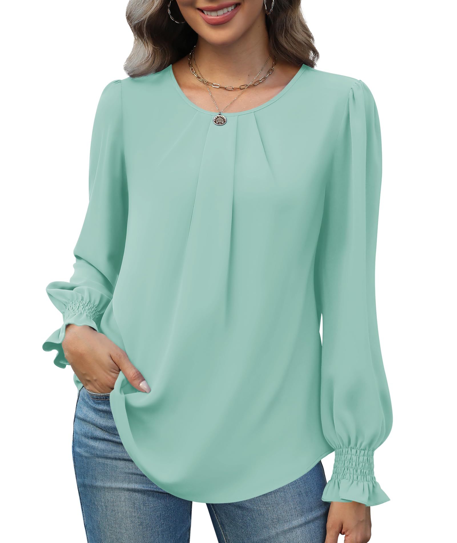 Funlingo Womens Tops Dressy Casual Smocked Long Sleeve Shirts Crew Neck Loose Chiffon Tunics Office Work Blouses