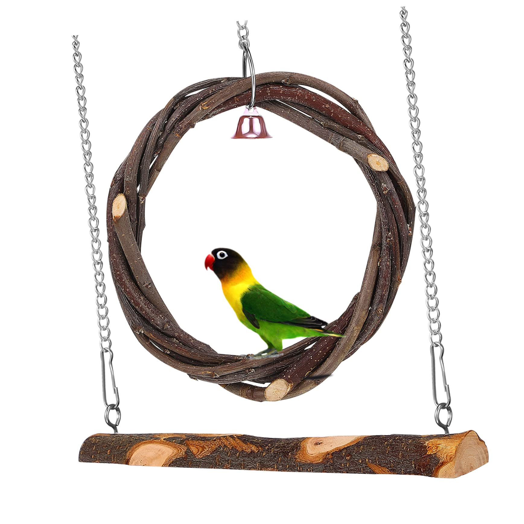 Mipcase 2pcs Natural Wooden Bird Swing with Bell and Hanging Hook for Cockatiel and Anchovy, Braided Ring Shape Bird Swing to Develop Coordination Skills and Chew, Cage Style