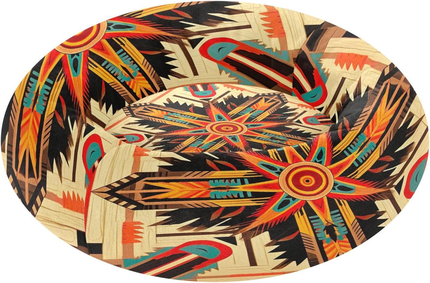 Dog Bed Ultra Soft Fluffy Comfortable Cat Bed, Indian Totem Design Washable Dog Beds Anti-Slip Round Pet Beds for Medium Dogs