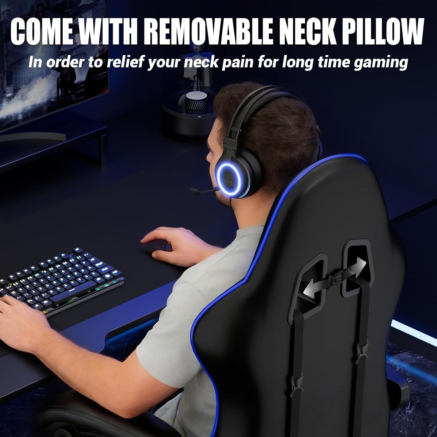 Gaming Chair with Footrest Racing Style Lumbar Support Massager Video Game Chair with Metal Legs, High Back Reclining Gamer Chair with Headrest, 360° Swivel Office Computer Desk Chair (Blue) - 7