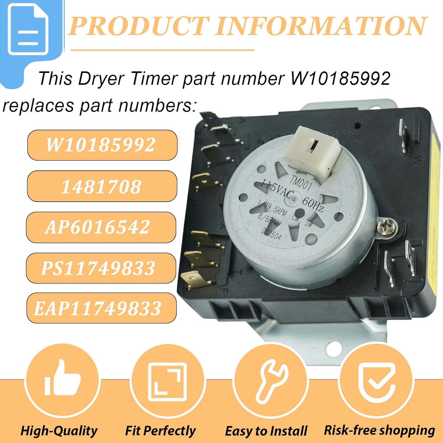 Fit for Whirlpool Maytag WED5000DW2, WGD5000DW2, WED4850BW1, WED4915EW1, WED4870BW0, MEDC465HW0, MEDC400BW1, MEDC415EW0, MEDC555DW1 & More Models Replacement, Dryer Timer Parts W10185992 WPW10185992