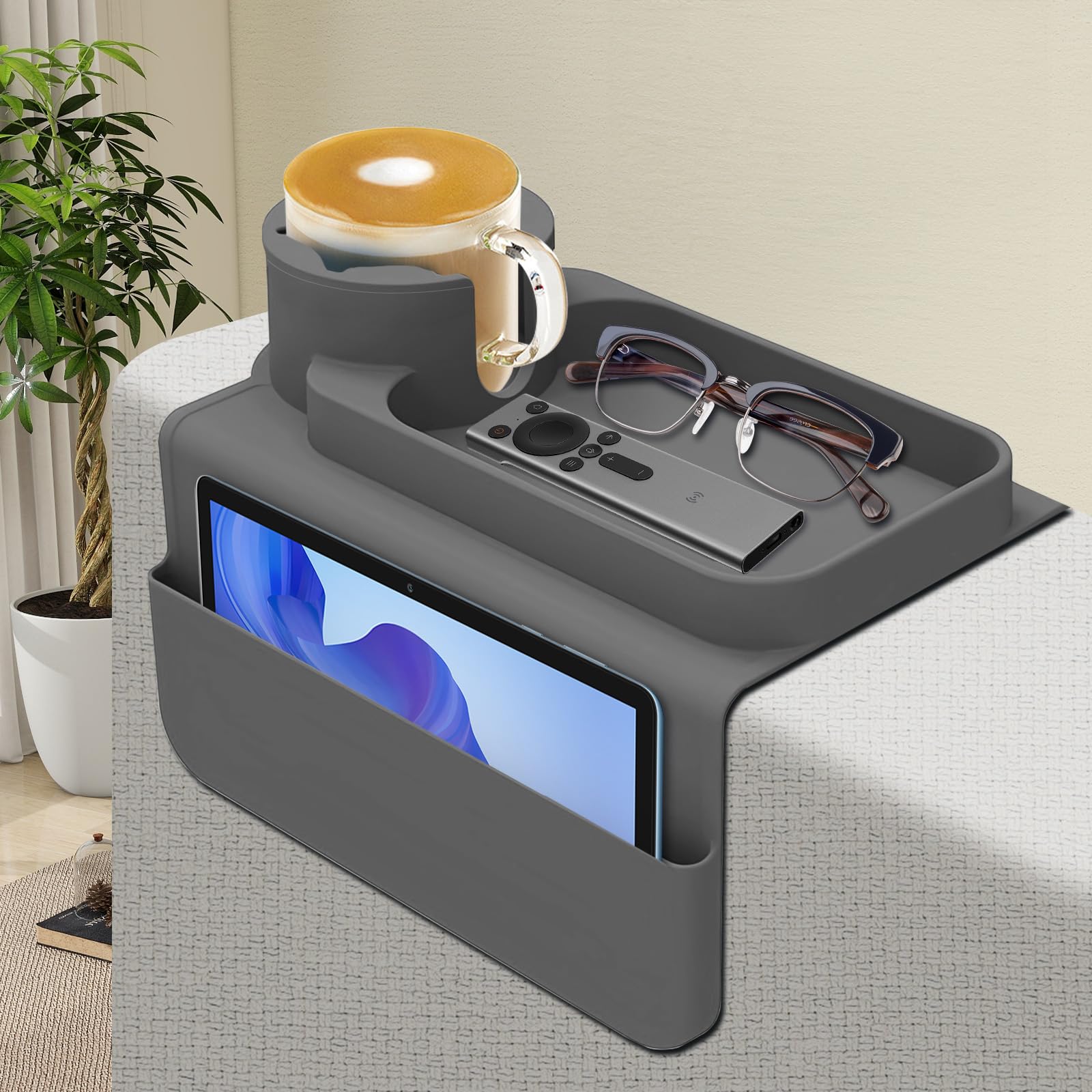 Armlehnen Tablett aus Silikon, Sofatablett mit 2 Seitentaschen, Anti-Spill & Anti-Rutsch, Große Speicherkapazität für Tasse, Telefon, Tablet, Snacks, Grau