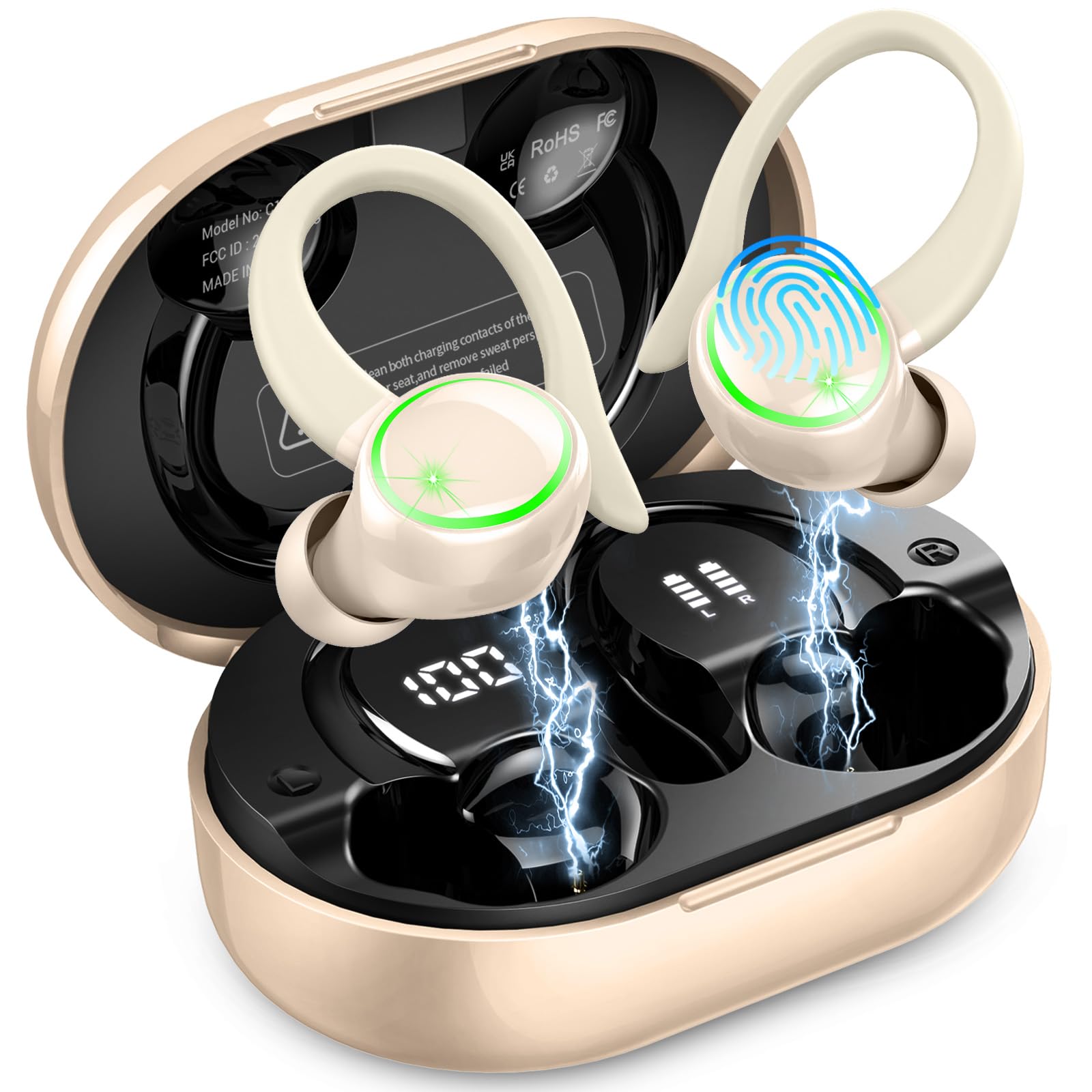 Wireless Earbuds Sports, Bluetooth 5.4 Headphones Hifi Stereo, Earphones with Earhooks, 50H Playback Over Ear Buds, IP7 Waterproof Fitness Headset for Gym Running Workout, ENC Noise Cancelling Mic