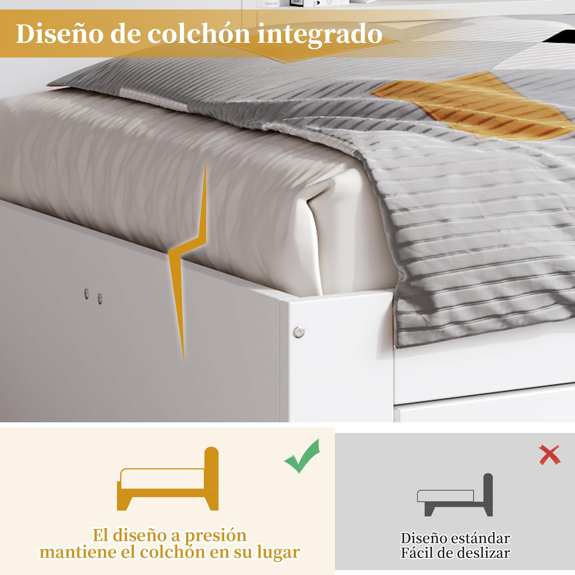 LAKFEW Cama Individual 90x190 cm Cama Infantil con 2 Cajones y Almacenaje Oculto en Puerta Corredera, Camas Juveniles con Estante Ajustable, Somier de Madera, Blanco, Sin Colchón