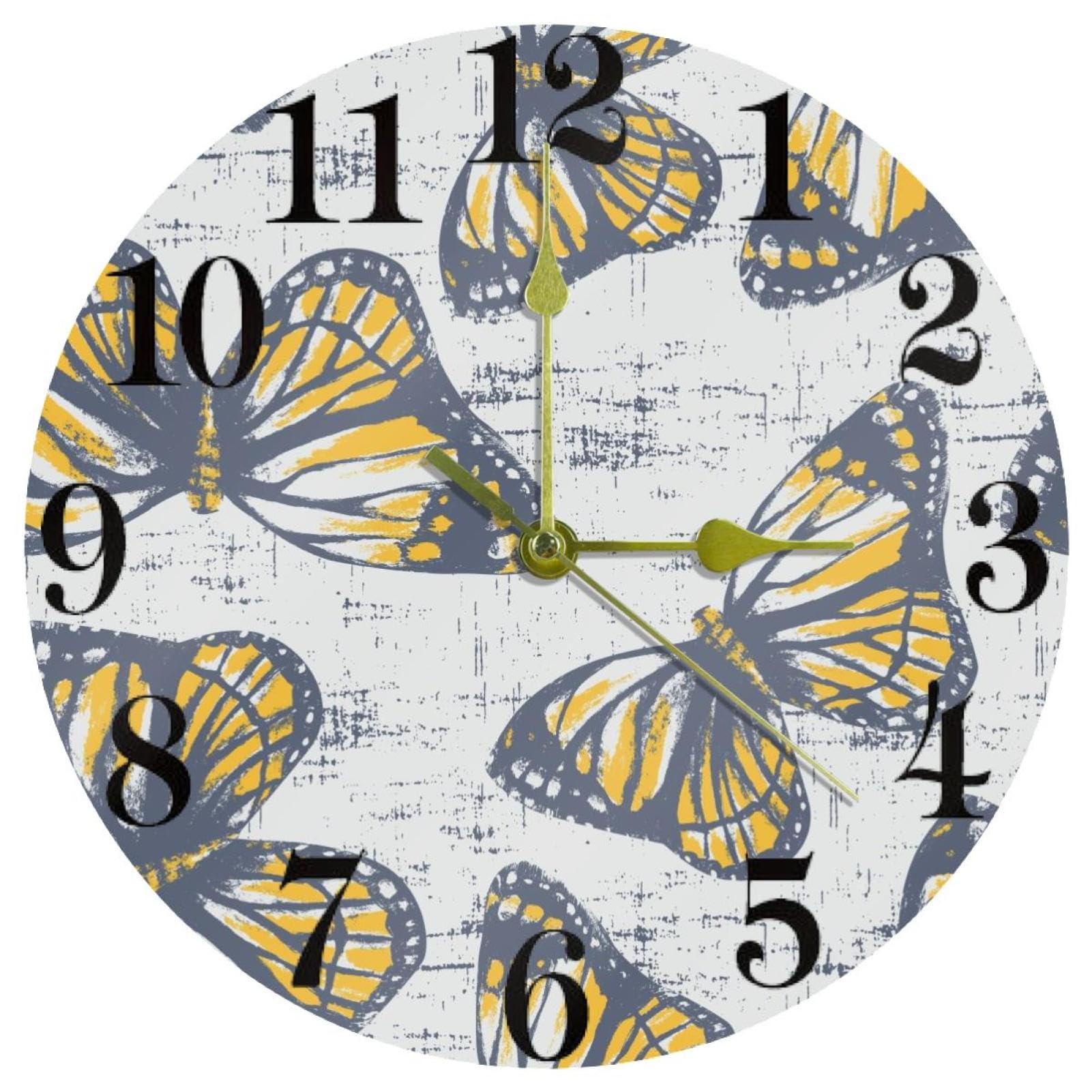 Horloge murale ronde à quartz pour cuisine et bureau au motif papillon jaune