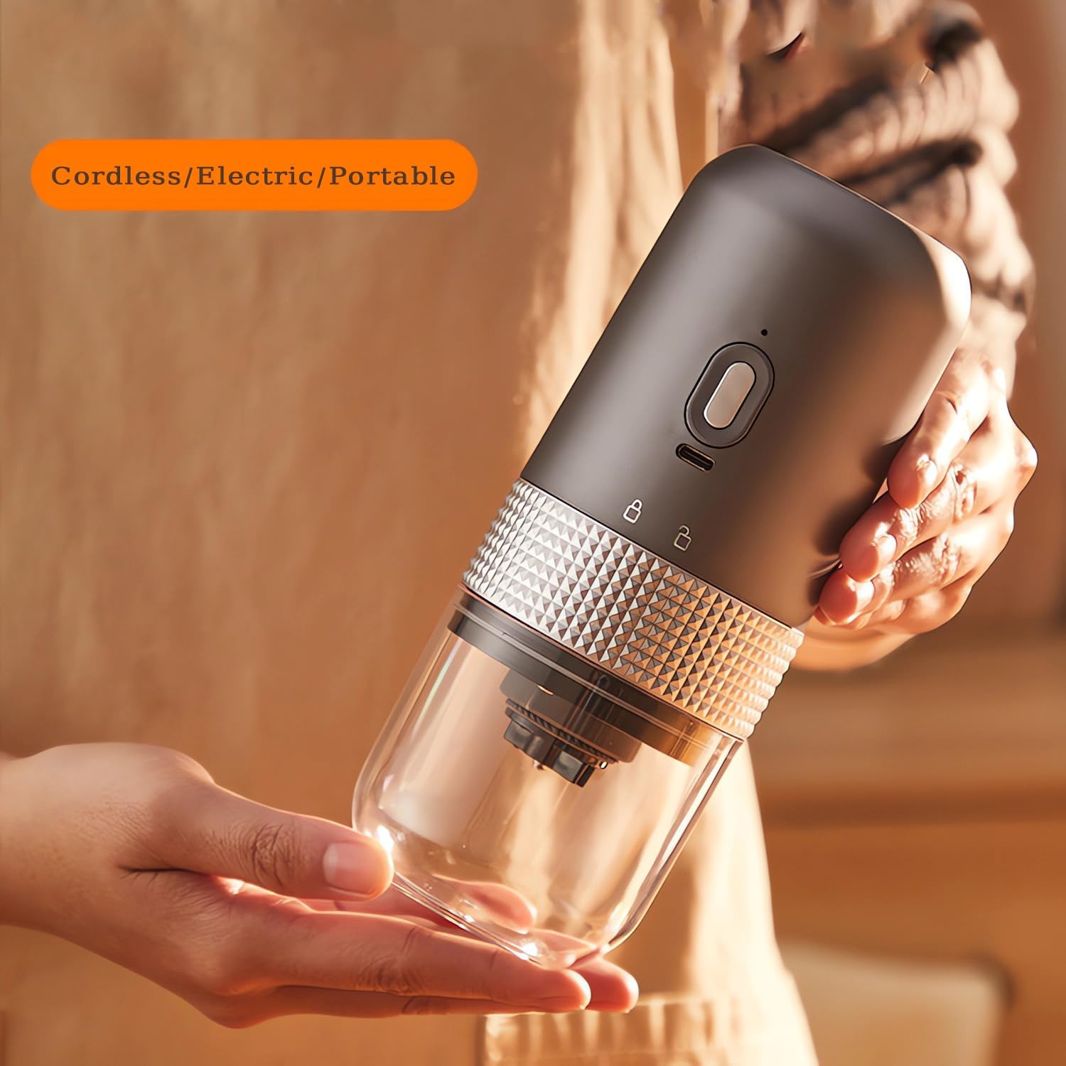 Macinacaffè Elettrico, Portatile Senza Fili Granulometria Regolabile con Macina in Ceramica per Espresso, Pour Over e French Press