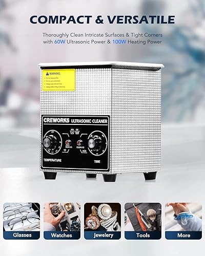 Miniatura 5 de CREWORKS Limpiador ultrasónico de 2L con calentador y temporizador, máquina de limpieza ultrasónica de acero inoxidable de 60 W, 12 gal Limpiador
