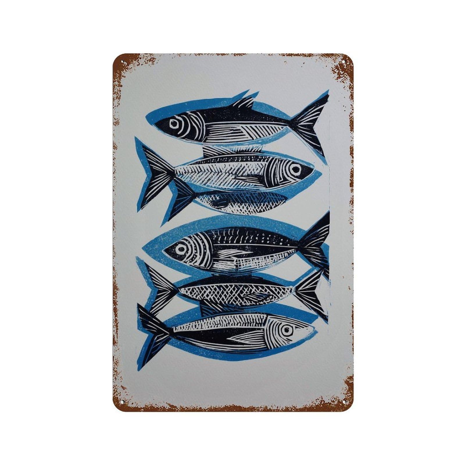 xiaoxiaoshen Sardine Fish Nautical Coastal Blue And Black Seafood Kitchen Modern Ocean Inspir Wall Decor Art Metal Tin Poster Modern Home Decor Art Home Bar Shop Decorations Vintage Sign 30x20cm