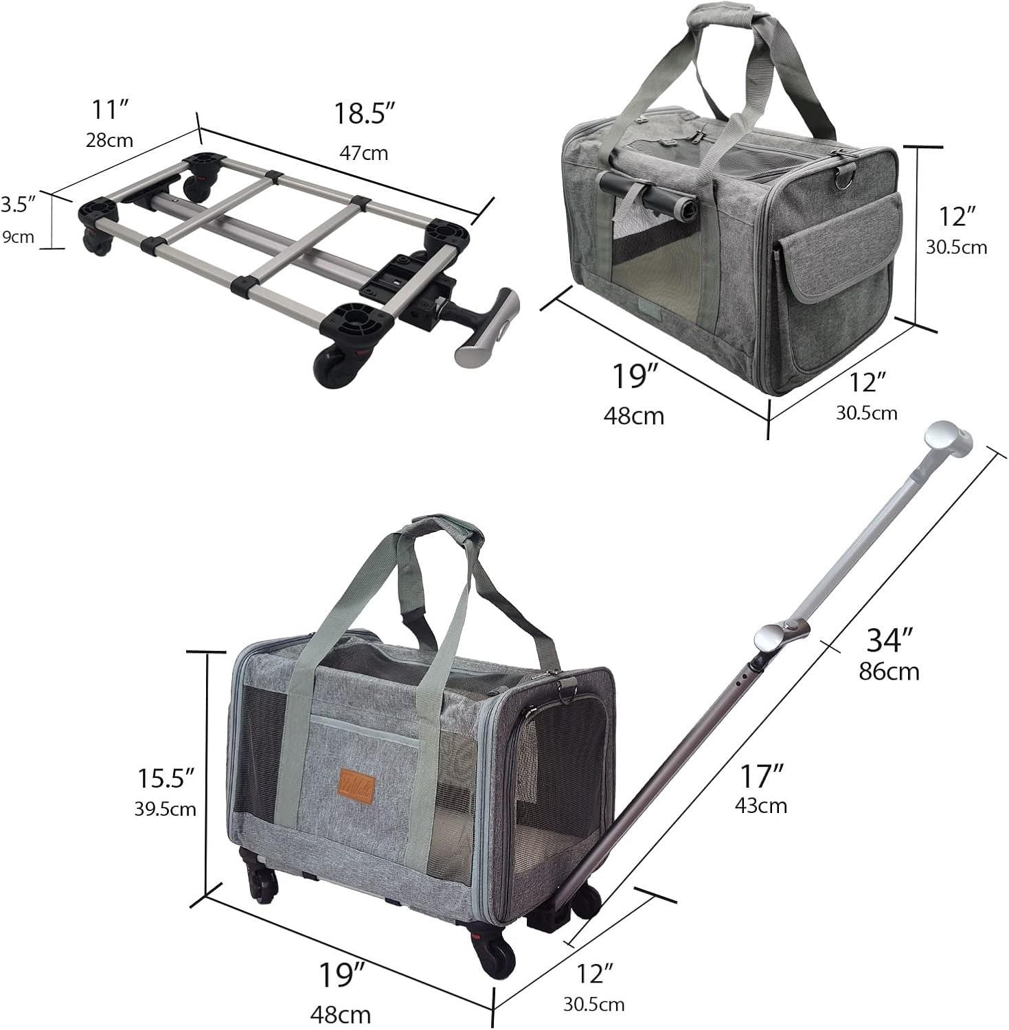 Wolt Soft-Sided Carriers Airline Approved Cat Carrier Stroller Dog Travel Bag with Removable Wheels and Trolley Collapsible for Small Medium Pets (Grey)  : Pet Supplies