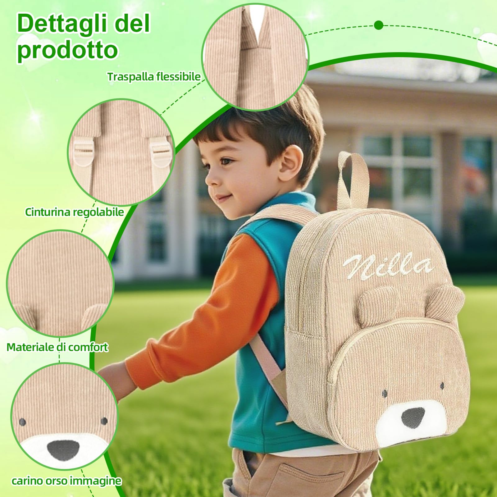 Generico Zainetto Asilo Bambino Personalizzato con Nome Ricamato, Zaino Velluto a Coste per Bambina e Bimbo, Scuola & Viaggi (Cachi)