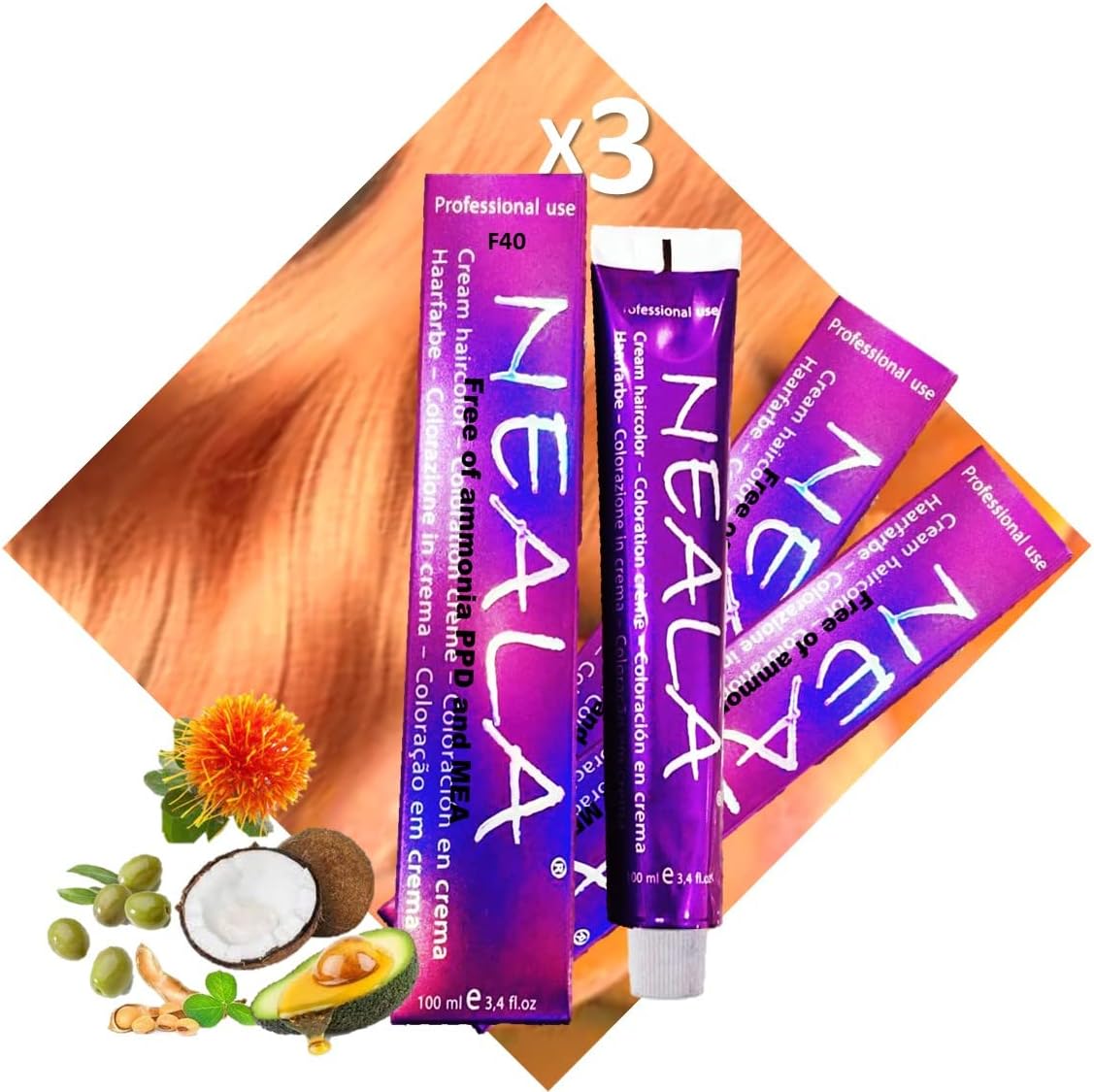 3 hair dyes F40 peach colour for hair paths highlights Professional hair colour ammonia without ammonia and from PPD and MEA F40 red activating intensifier Neala 3 x 100 ml = 300 ml
