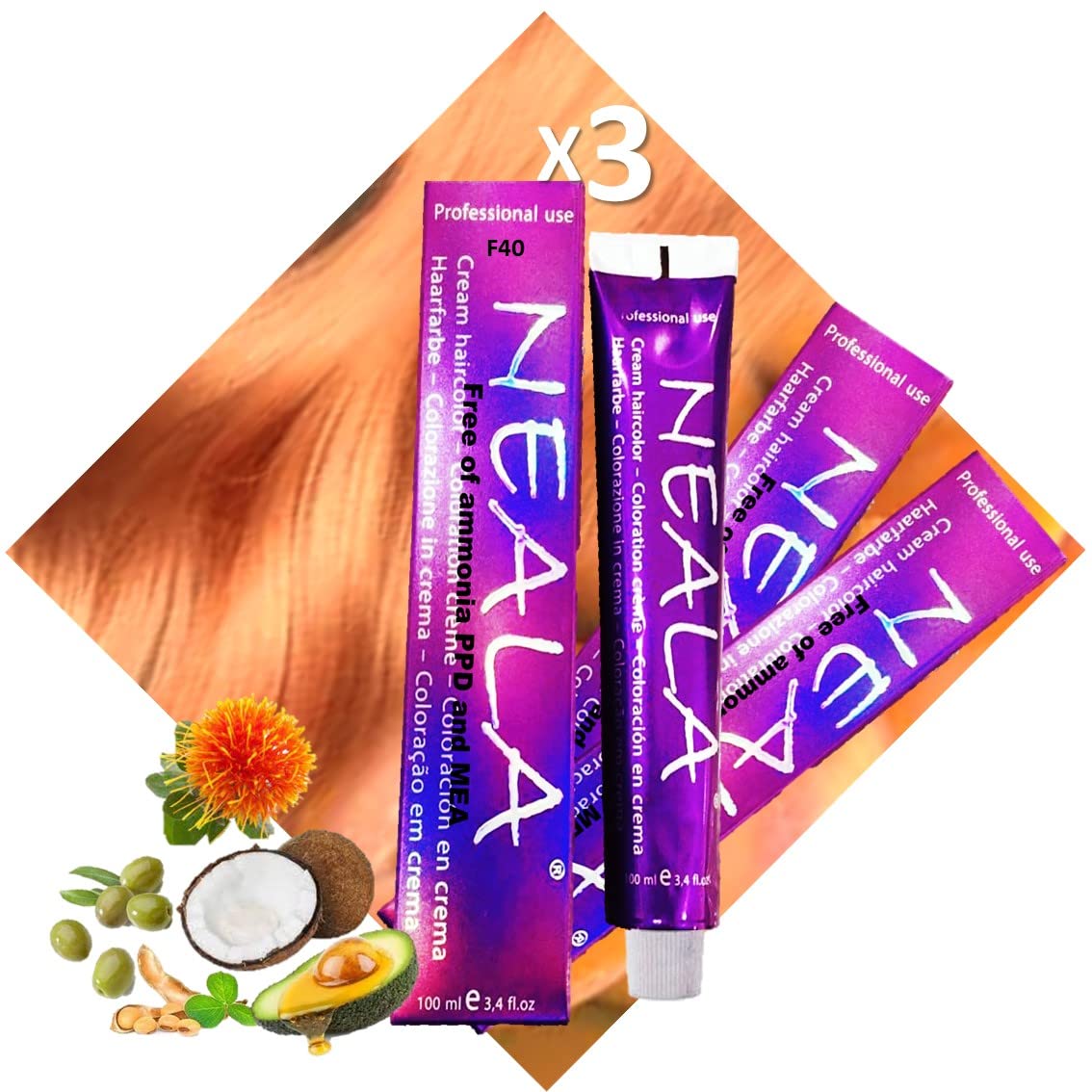 3 hair dyes F40 peach colour for hair paths highlights Professional hair colour ammonia without ammonia and from PPD and MEA F40 red activating intensifier Neala 3 x 100 ml = 300 ml