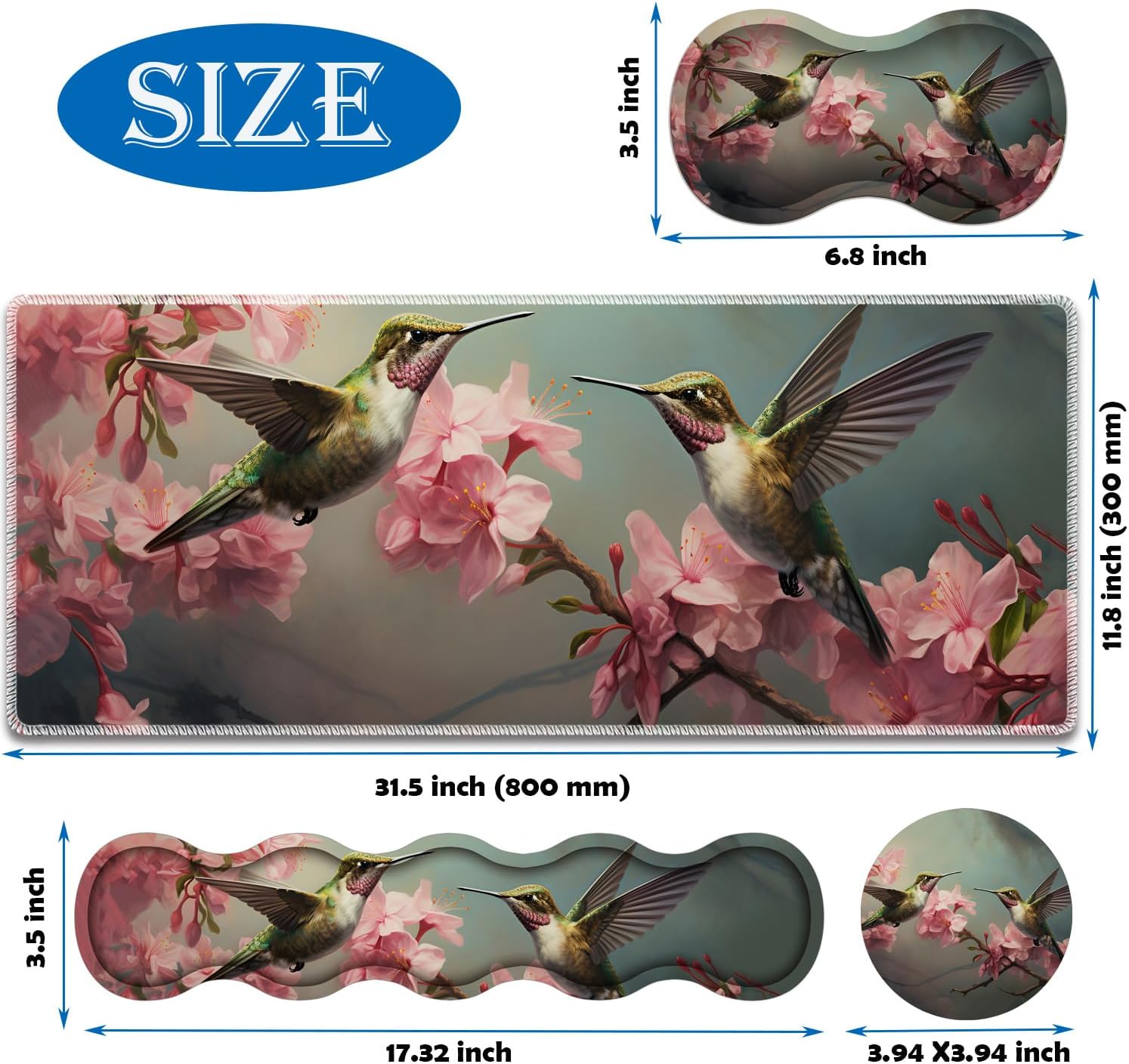 4 in 1 Mouse Pad Combo, Large Gaming Mouse Pad + Keyboard Wrist Support + Mouse Wrist Rest + Coaster, Table Pad 31.5 "x 11.8" with Memory Foam Ergonomic Wrist Pad Set, Hummingbird Flowers