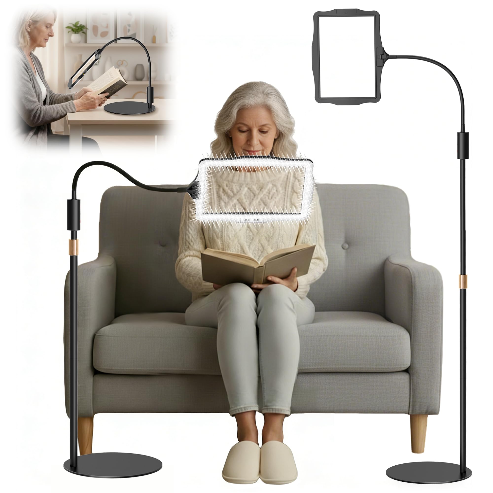 Magnifying Glass with Light and Stand, 3-in-1 Cordless Rechargeable Floor Lamp & Desktop Magnifier with Large HD Lens 50 LEDs 3 Brightness 360° Flexible Gooseneck for Reading Crafts Hobbies Close Work