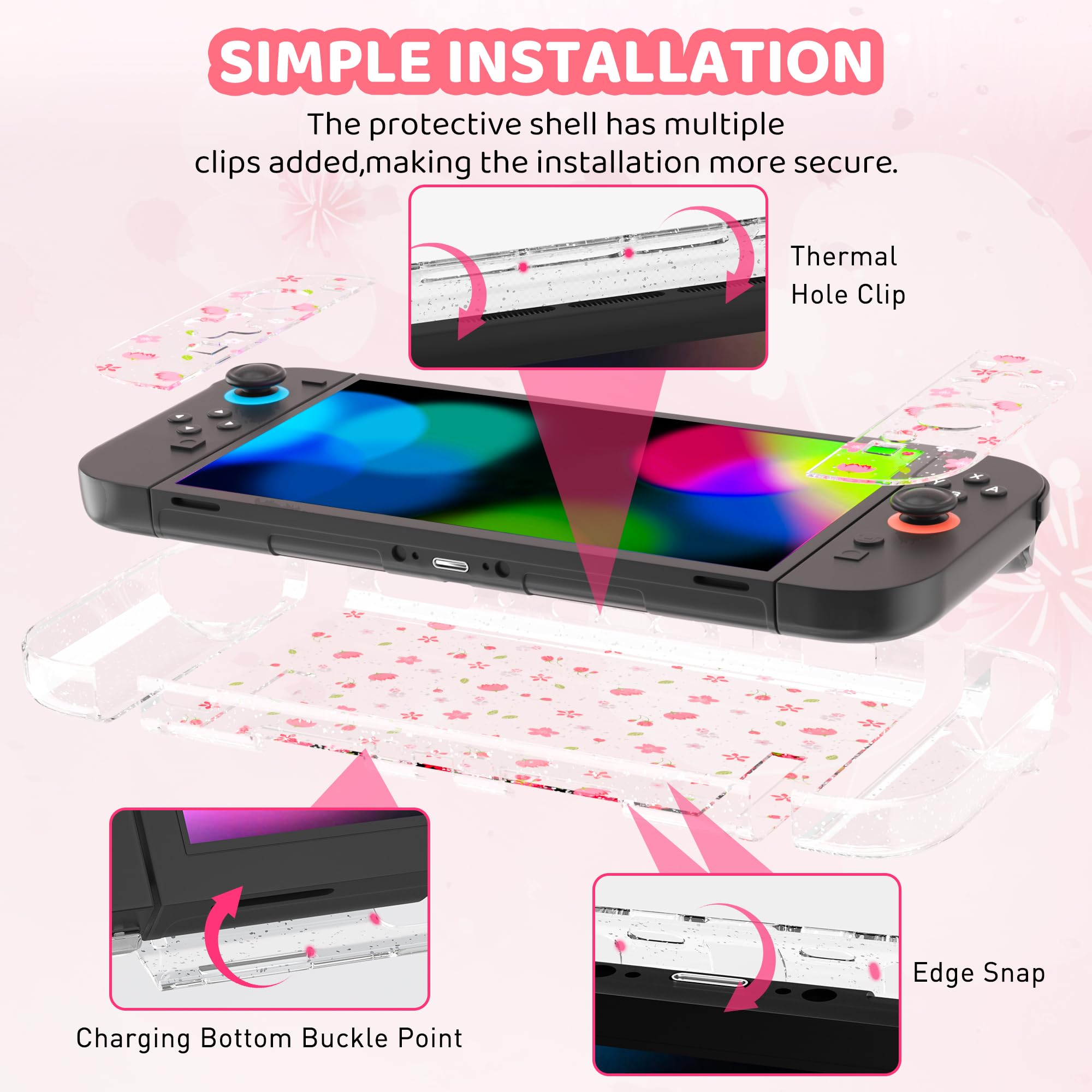 RHOTALL Custodia da trasporto rosa con fiori di ciliegio per Nintendo Switch 2, custodia protettiva da viaggio Sakura, custodia trasparente glitterata con fiore agganciabile per Switch 2, pellicola