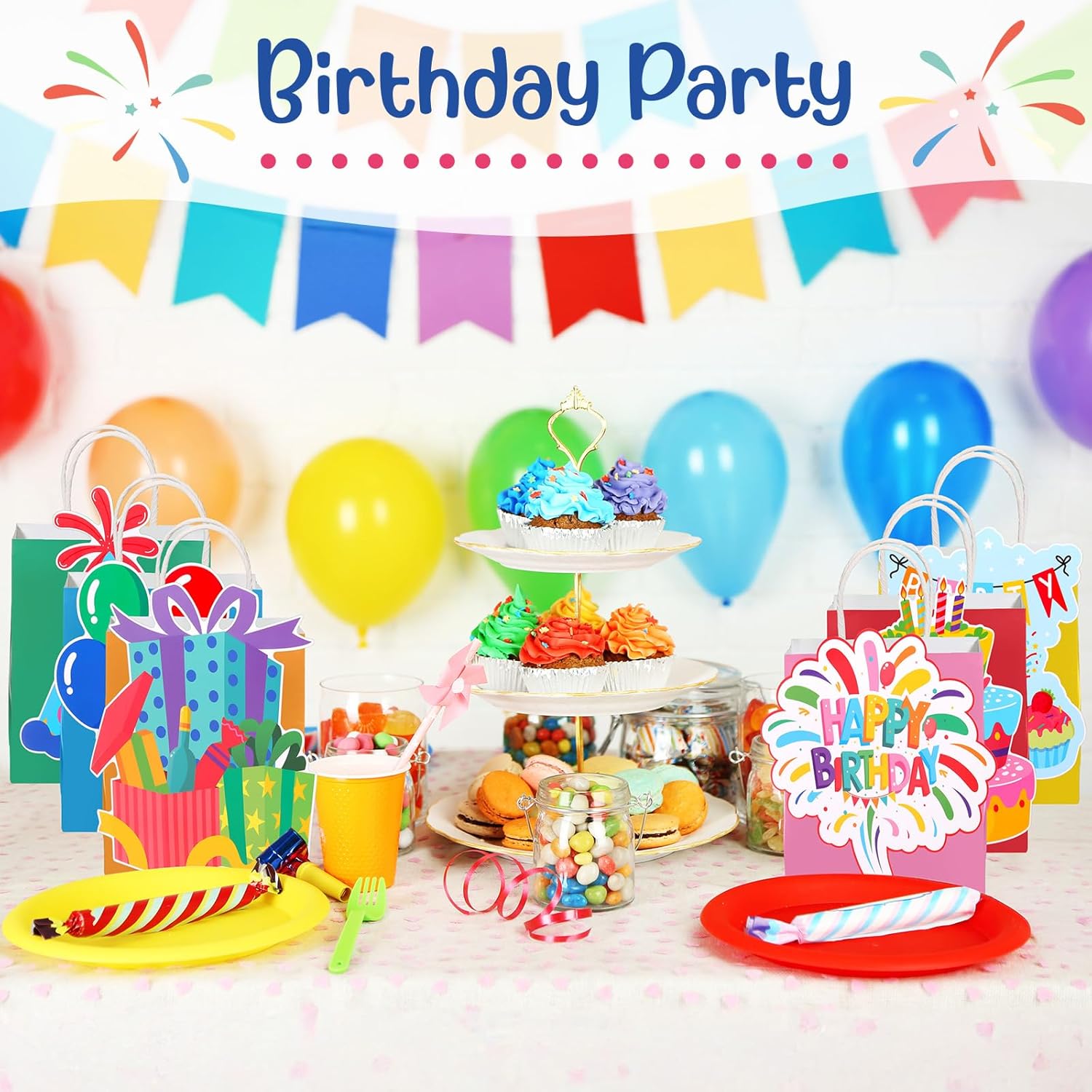 MotiMind 24 Pcs Birthday Gift Bags with Handles Paper Treat Goodie Party Bags Happy Birthday Decorations Party Supplies for Kids Adult - Image 2