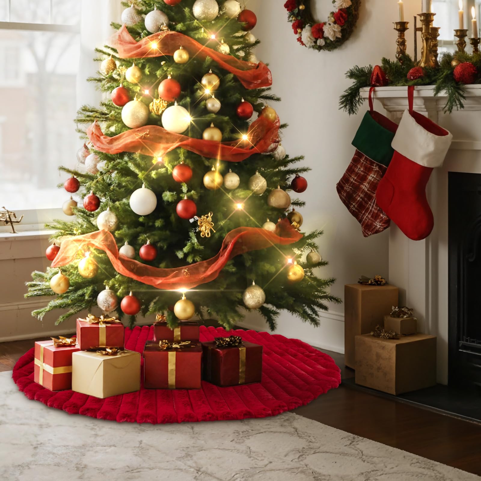 Lanpn Tappeto Sotto Albero di Natale Copribase Albero 120cm, Grande Lusso albero di Natale Copertura Base Piede Gonna per la Decorazioni per interni per feste invernali in casa (Rosso)