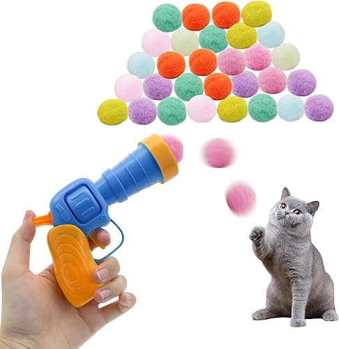 Andiker Juego de bolas de juguete para gatos, 30 bolas de peluche con pompones de gato y 1 lanzador de juguete de plástico para atrapar gatitos,