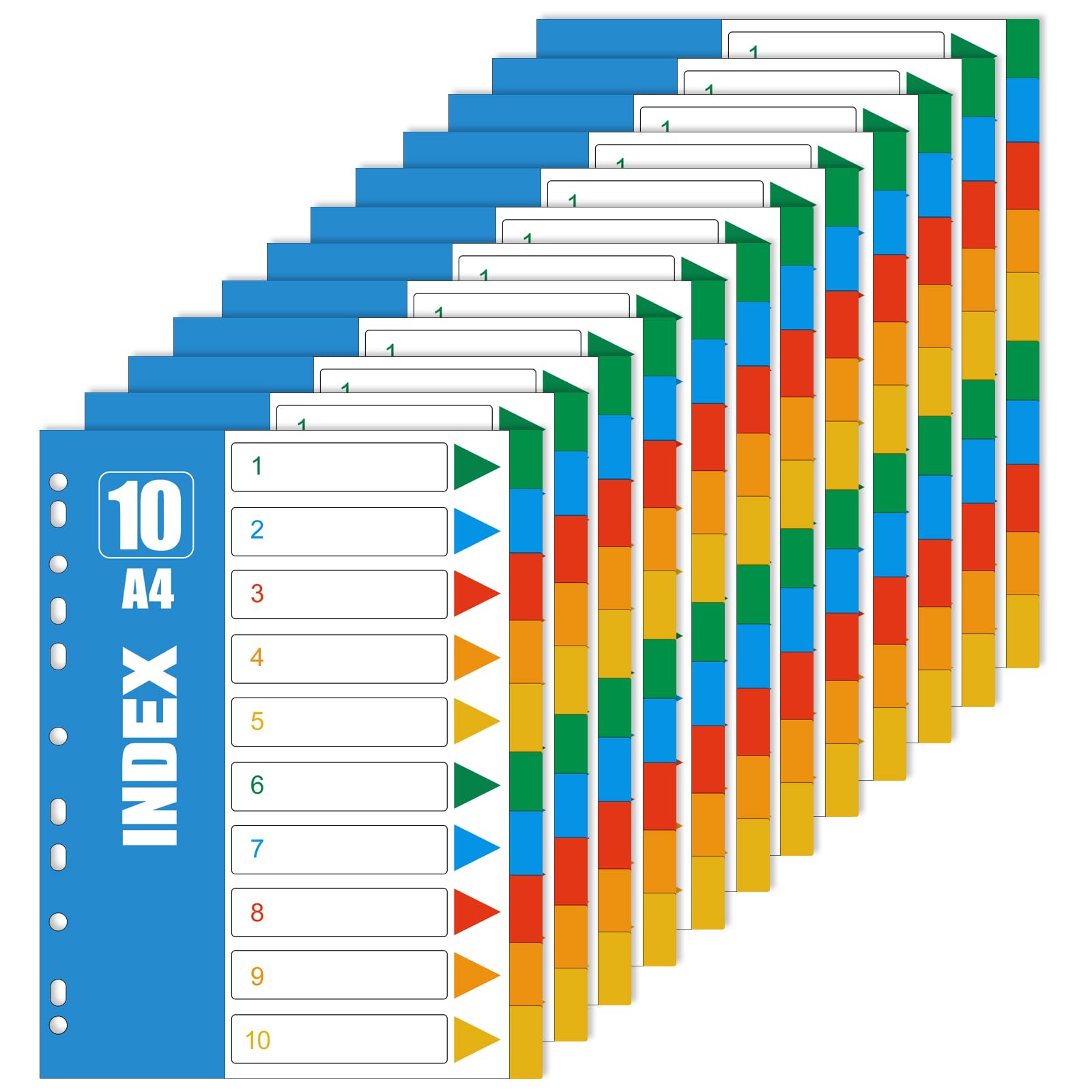 Woobroo 12 Pack File Dividers - 1-10 Compartments, A4 Size, 11-Hole Lever Arch File Compatible with Multi-Color Index Pages for School and Office Organization