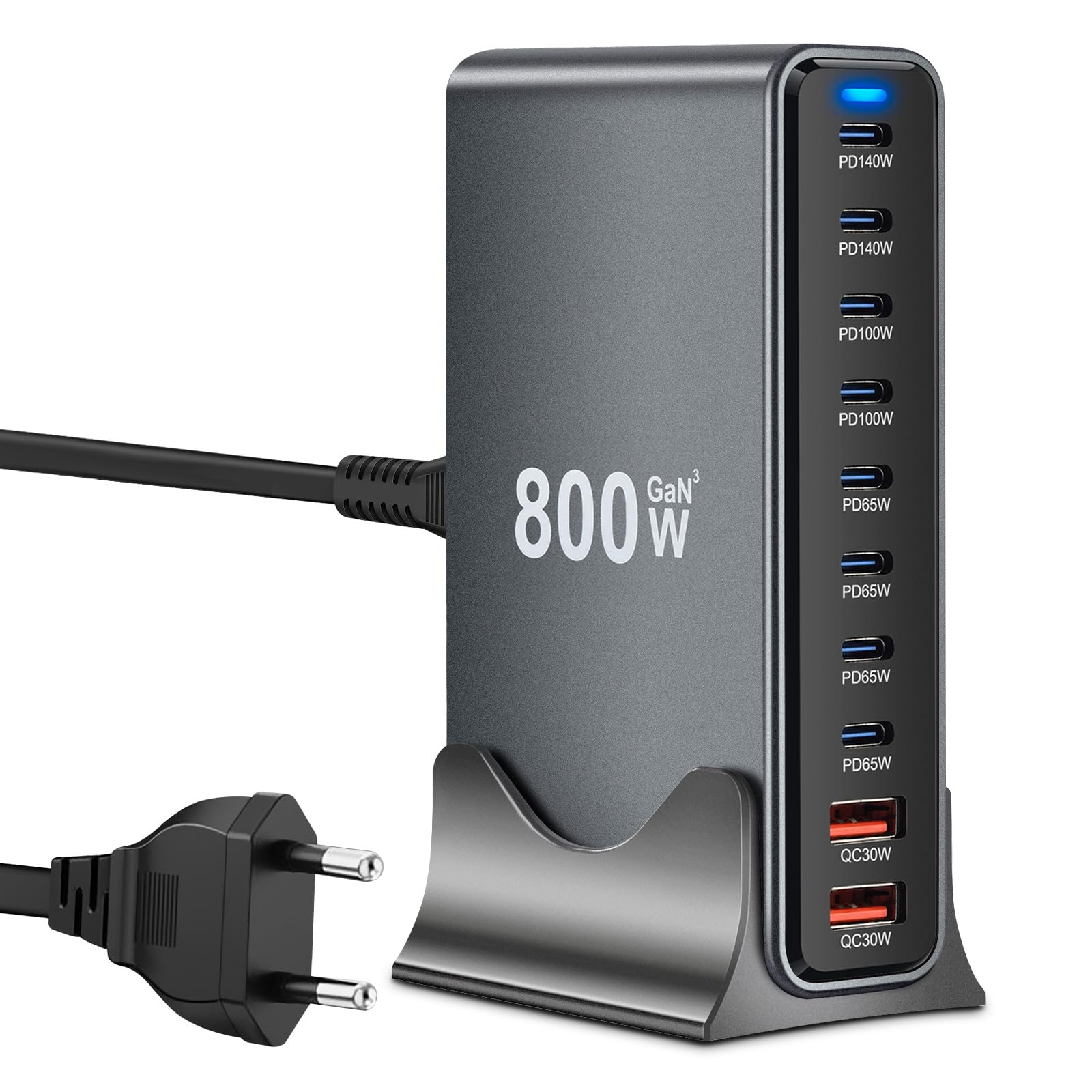 Cargador USB C múltiple 800W, cargador rápido PD 140W 100W 65W, estación de carga de 10 puertos, cargador GaN-III con 8 puertos USB-C y 2 puertos USB-A para MacBook iPad Pro/Air, iPhone 16 15 Pro Max