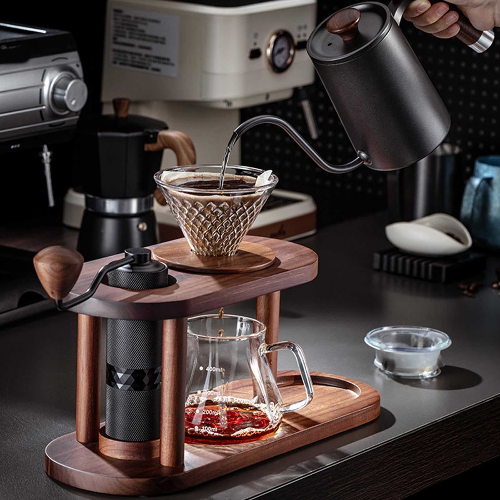 Einfaches Handtropfer Kaffeebrüher Set aus Naturholz und hitzebeständigem Glas Kaffeezubehör für kleine Küchen Einfache Ausstattung