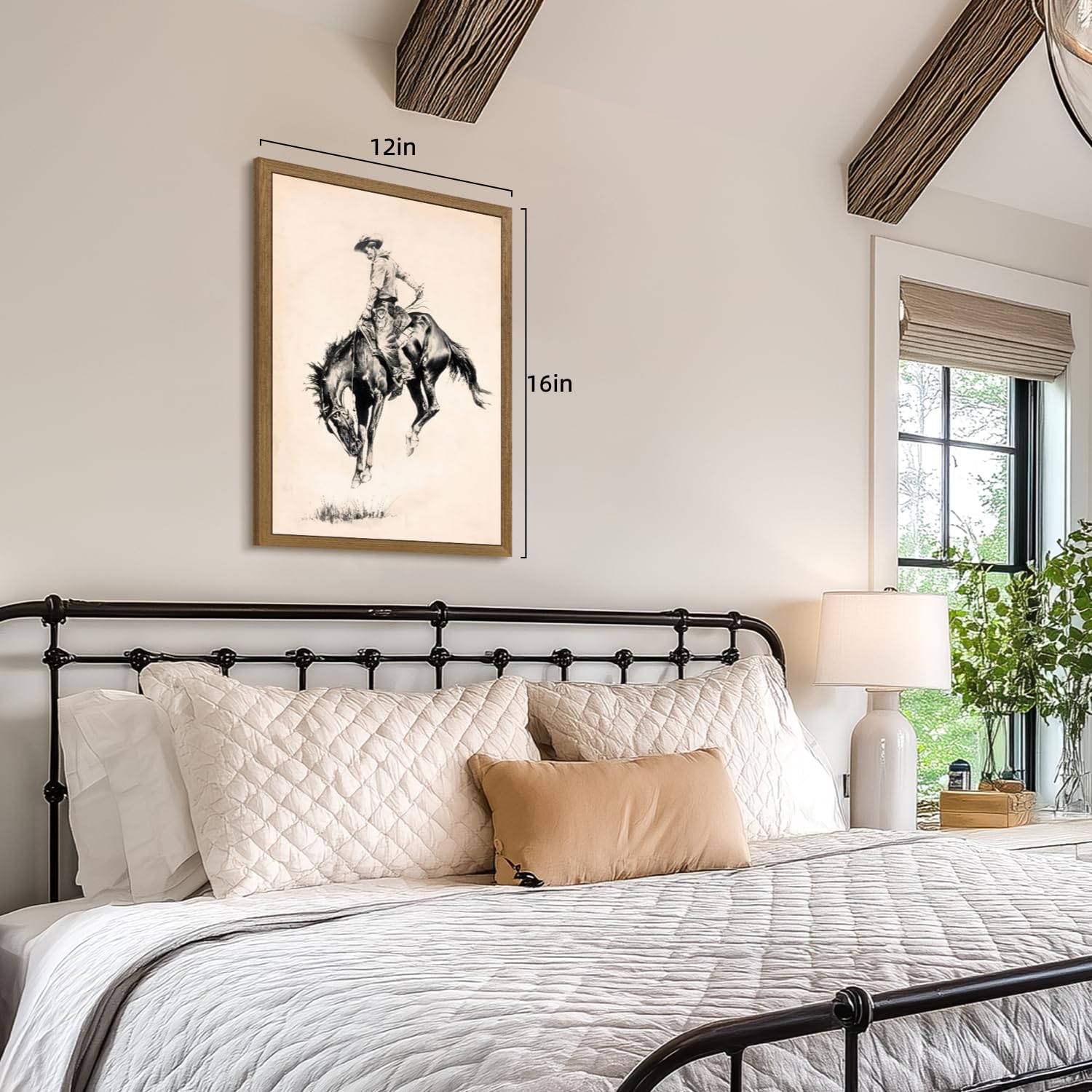 LERVR Wood Framed Western Cowboy Wall Art, Vintage Rodeo Cowboy Horse Poster Print, Southwestern Rustic Horse Wall Decor, Retro Western Ranch Artwork for Living Room Bedroom 12x16 Inch