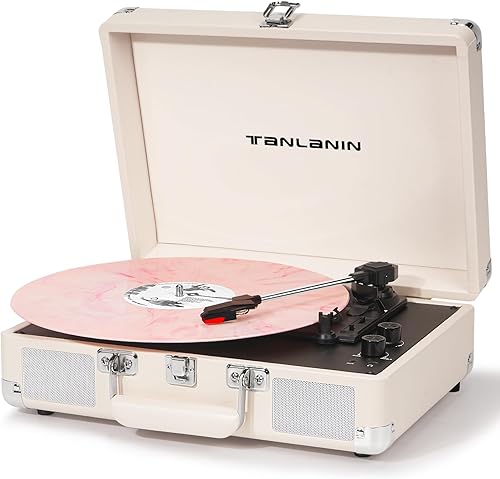 Tocadiscos con altavoces mejorados, maleta Bluetooth de 3 velocidades, reproductor de discos de vinilo portátil, control de agudos y graves,