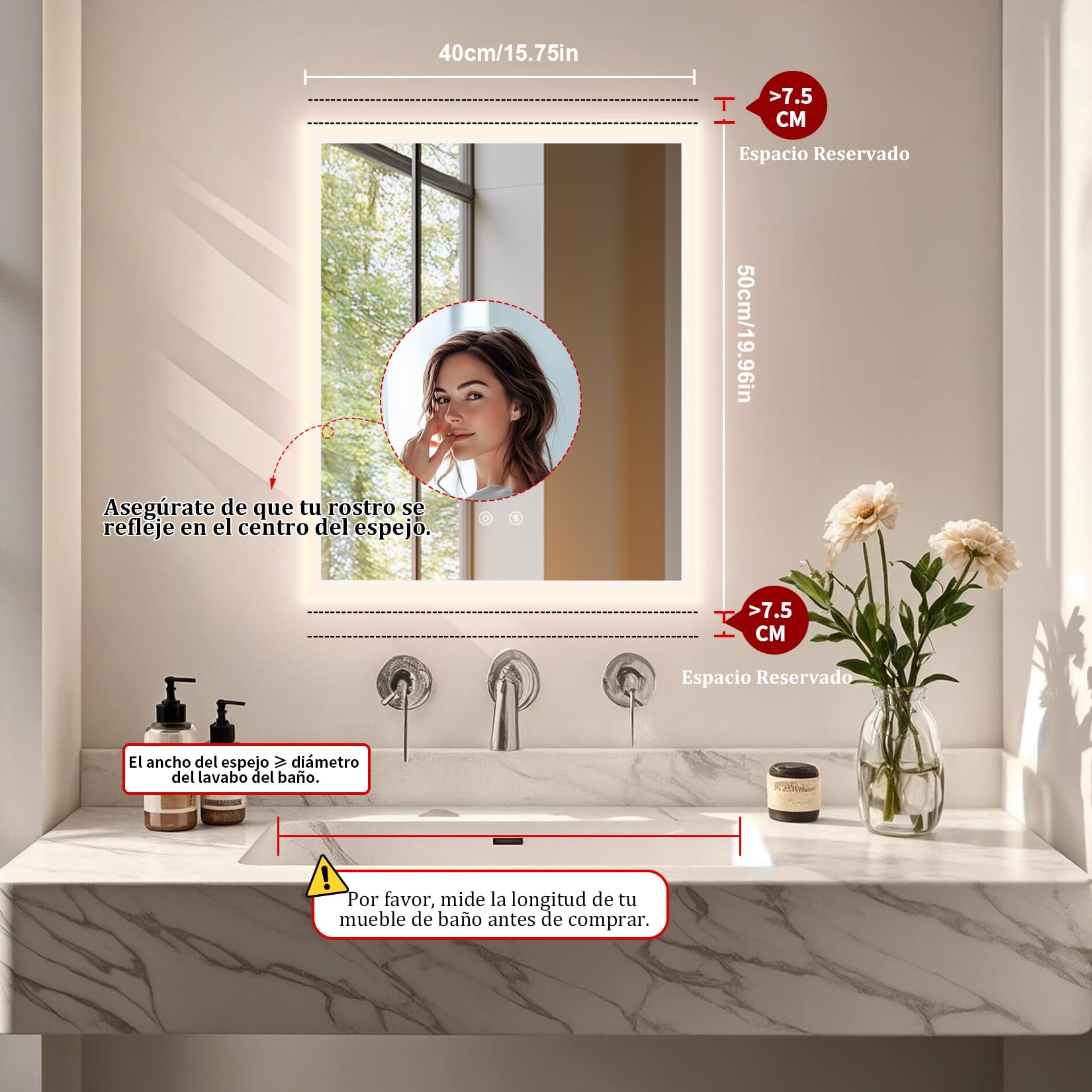 LUVODI Espejo Baño con Luz 40x50cm: Espejos de Baño con Led Retroiluminado con ANTIVAHO, 3 Temperaturas de Color Regulable, Memoria, Vidrio HD, Impermeable IP66, 3000K-6000K