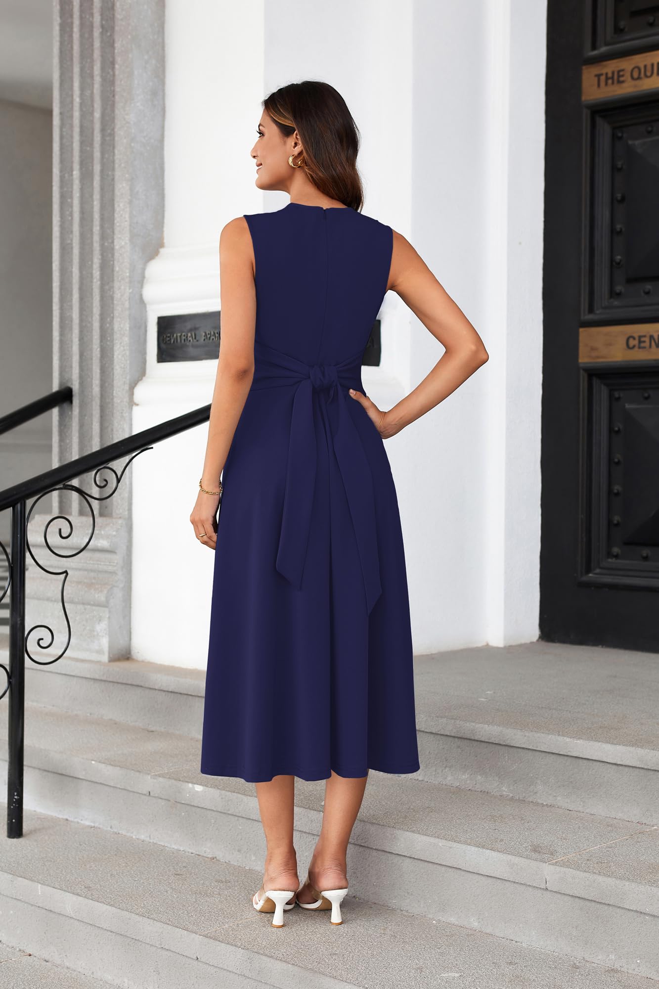 GRACE KARIN Vestido midi de línea A para mujer, sin mangas, cuello redondo, con bolsillos para cinturón, fiesta, club, uso diario, trabajo, boda, azul marino, S