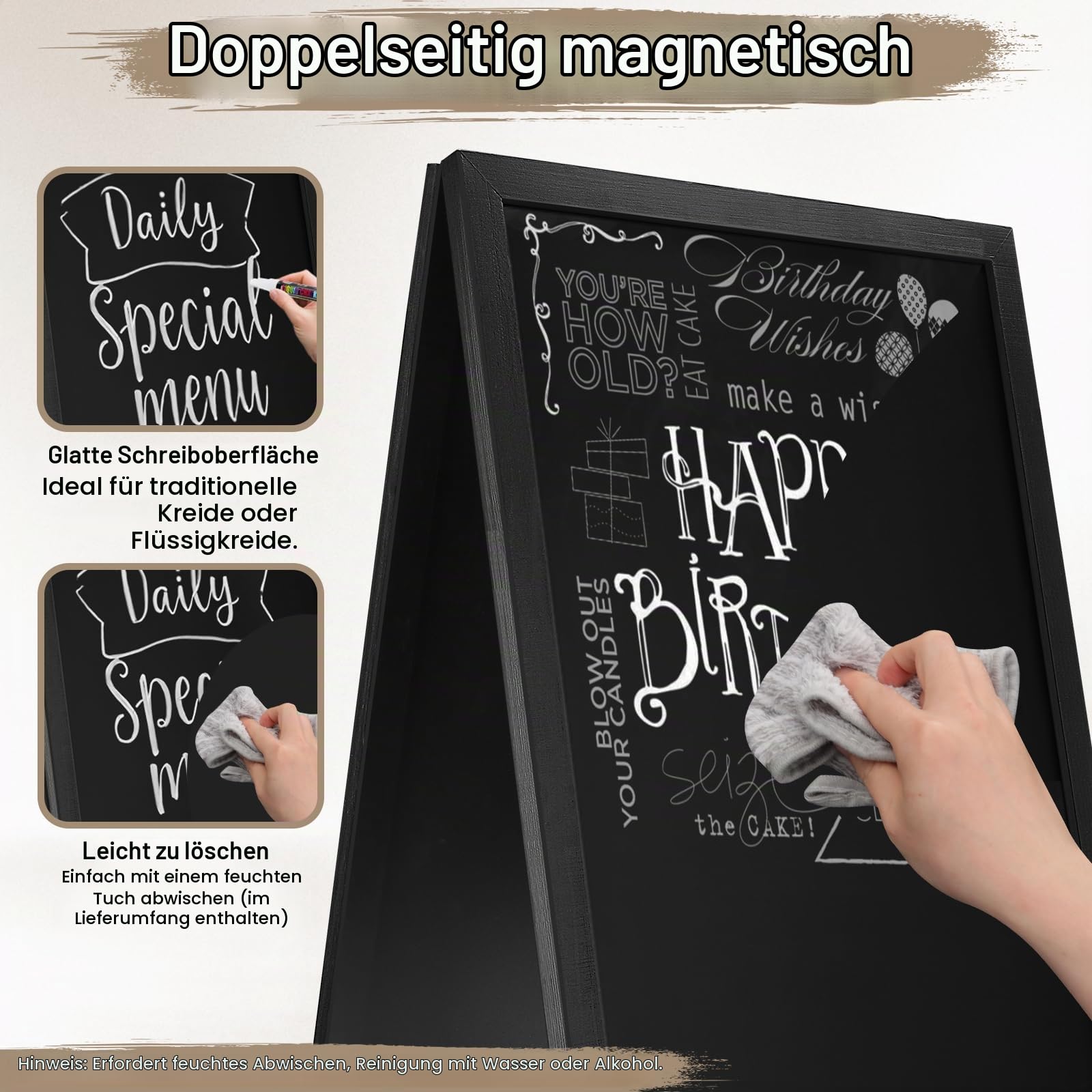 Aufsteller Kreidetafel Kundenstopper mit Holzrahmen 85x41cm, 8 Kreidestifte | Doppelseitig Magnetisch Werbetafel Gehwegaufsteller, Stehtafel Gastro Kreide für Gastronomie, Kleine Geschäfte, Events