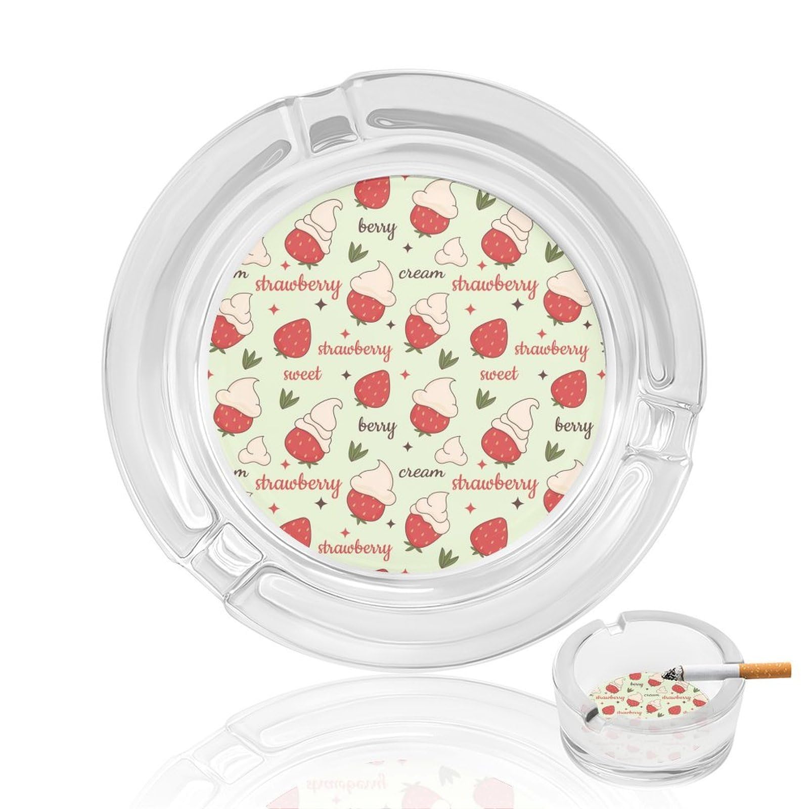 Sweet Strawberry Pa Glass Ashtray 3.3 Inch Round Cigarette Ash Holder with 4 Grooves for Home Office Outdoor One Size