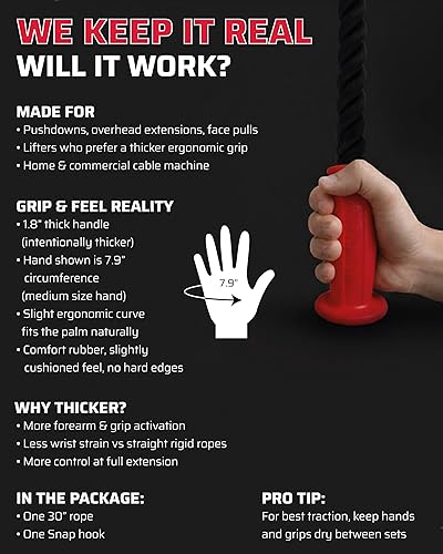 Miniatura 6 de Cuerda ergonómica para tríceps | Accesorio de cable antideslizante de 30 pulgadas | Alivio de presión de muñeca | Fuerza de agarre y activación del