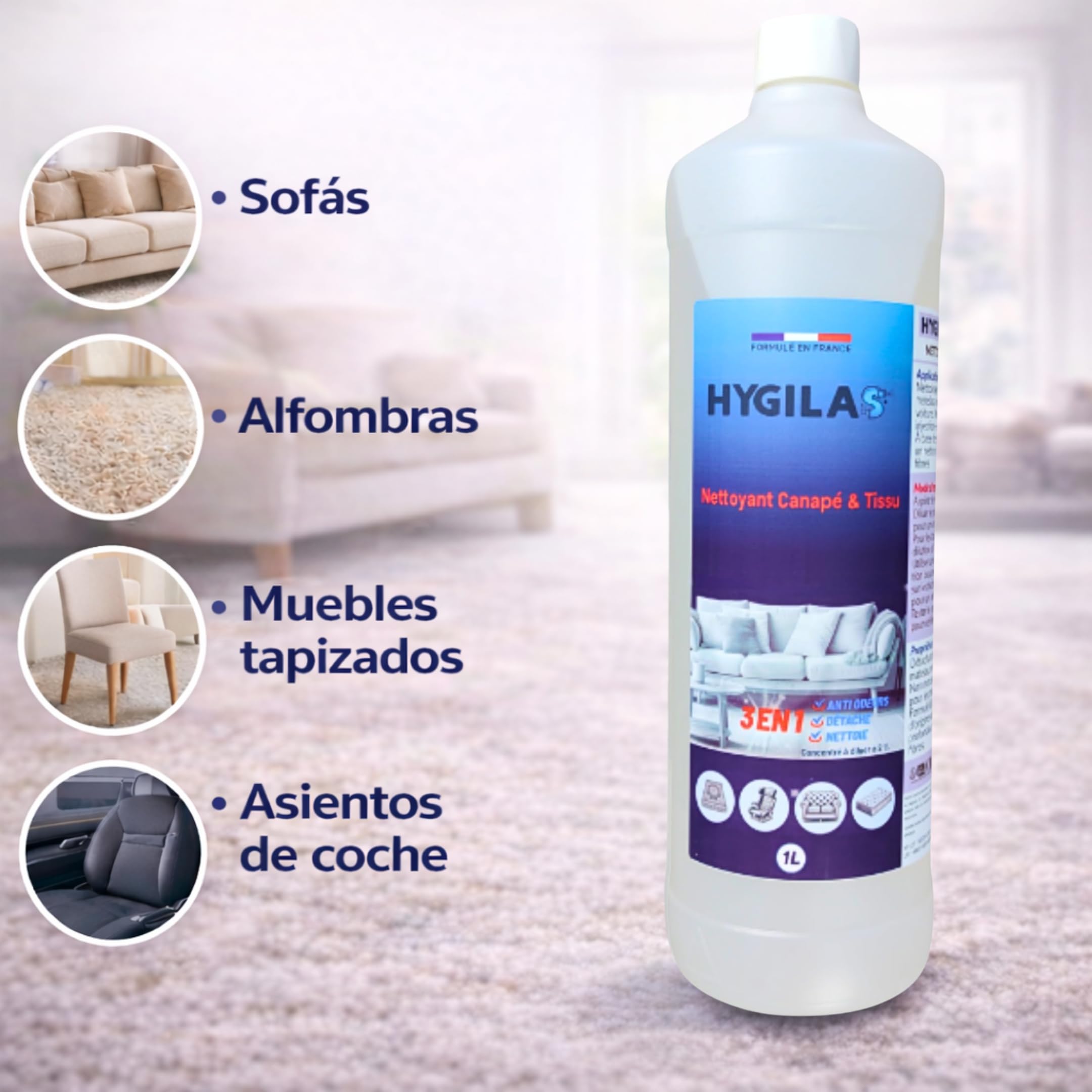 HYGILAS Limpiador de Sofás y Tejidos Profesional 1L - Concentrado para Diluir - Compatible con Inyección/Extracción y Máquinas de Limpieza - Colchones, Alfombras, Moquetas y Tapicería