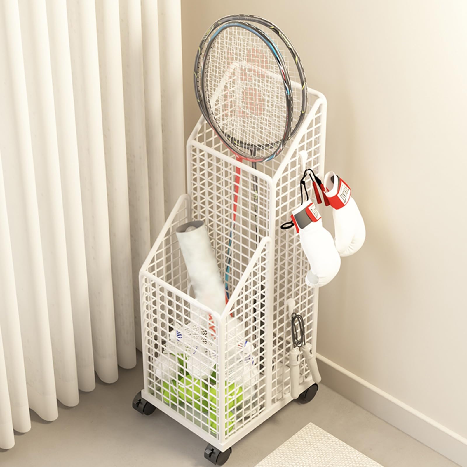 Rack à raquettes de badminton mobile en métal blanc pour gymnase scolaire et stade