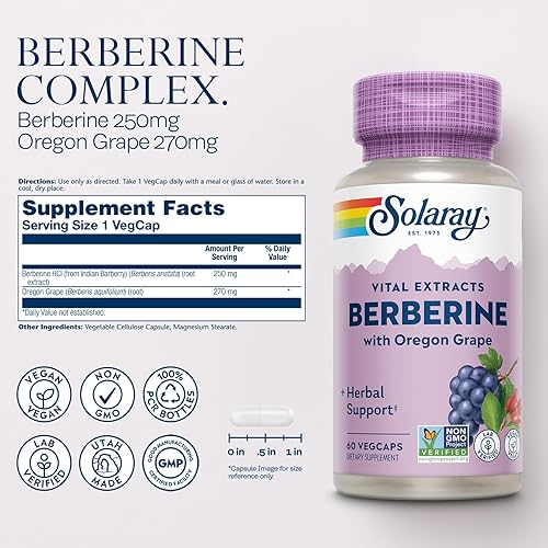 Miniatura 2 de SOLARAY Berberina 250mg - Suplemento de berberina para un estilo de vida saludable y activo - con berberina HCl de Indian Barberry Plus Oregon Grape