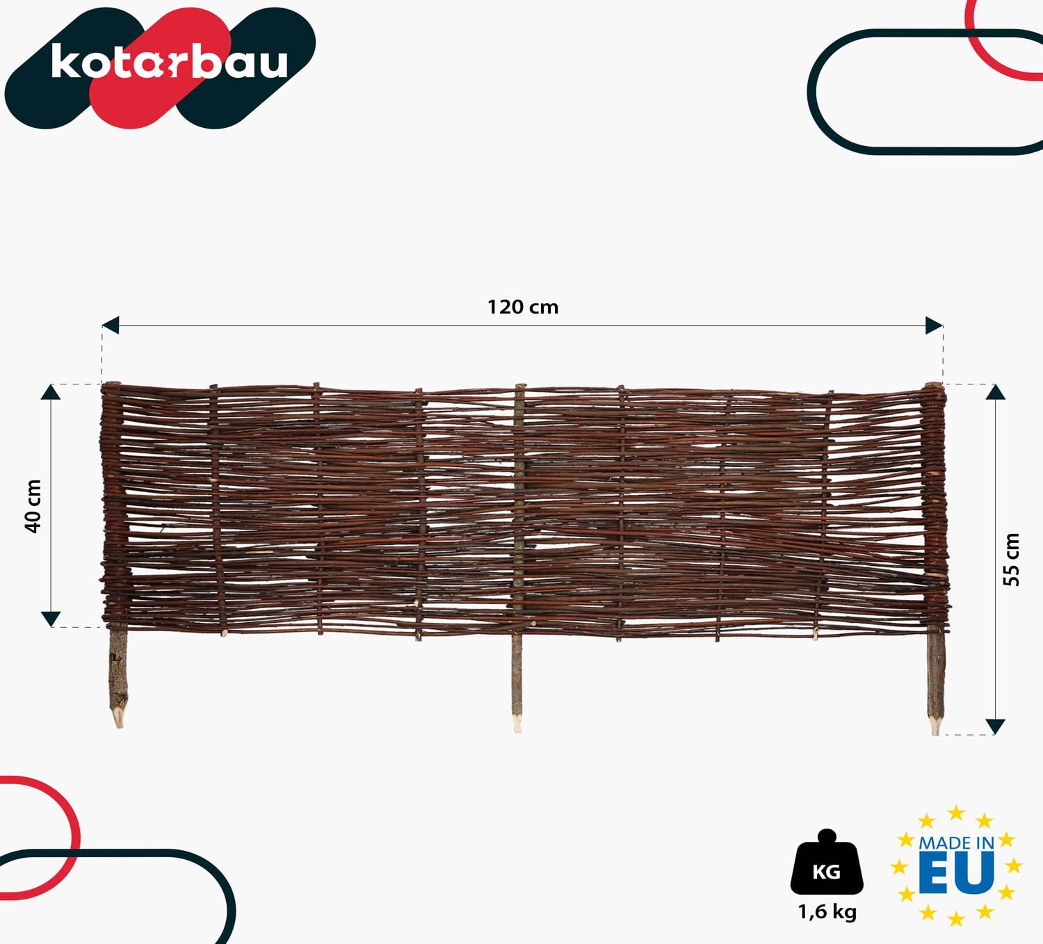 KOTARBAU® Płotek Ogrodowy Wiklinowy - 120 X 40 CM - Płot Wbijany - Palisada - Obrzeże - Zestaw 5 SZT