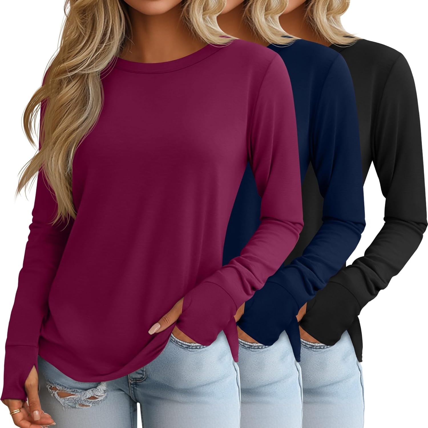 Huukeay 3 Pack Women's Long Sleeve Shirts with Thumb Holes, Cotton Casual Crew Neck Tunic Tops Fall Loose Y2k Trendy Outfits