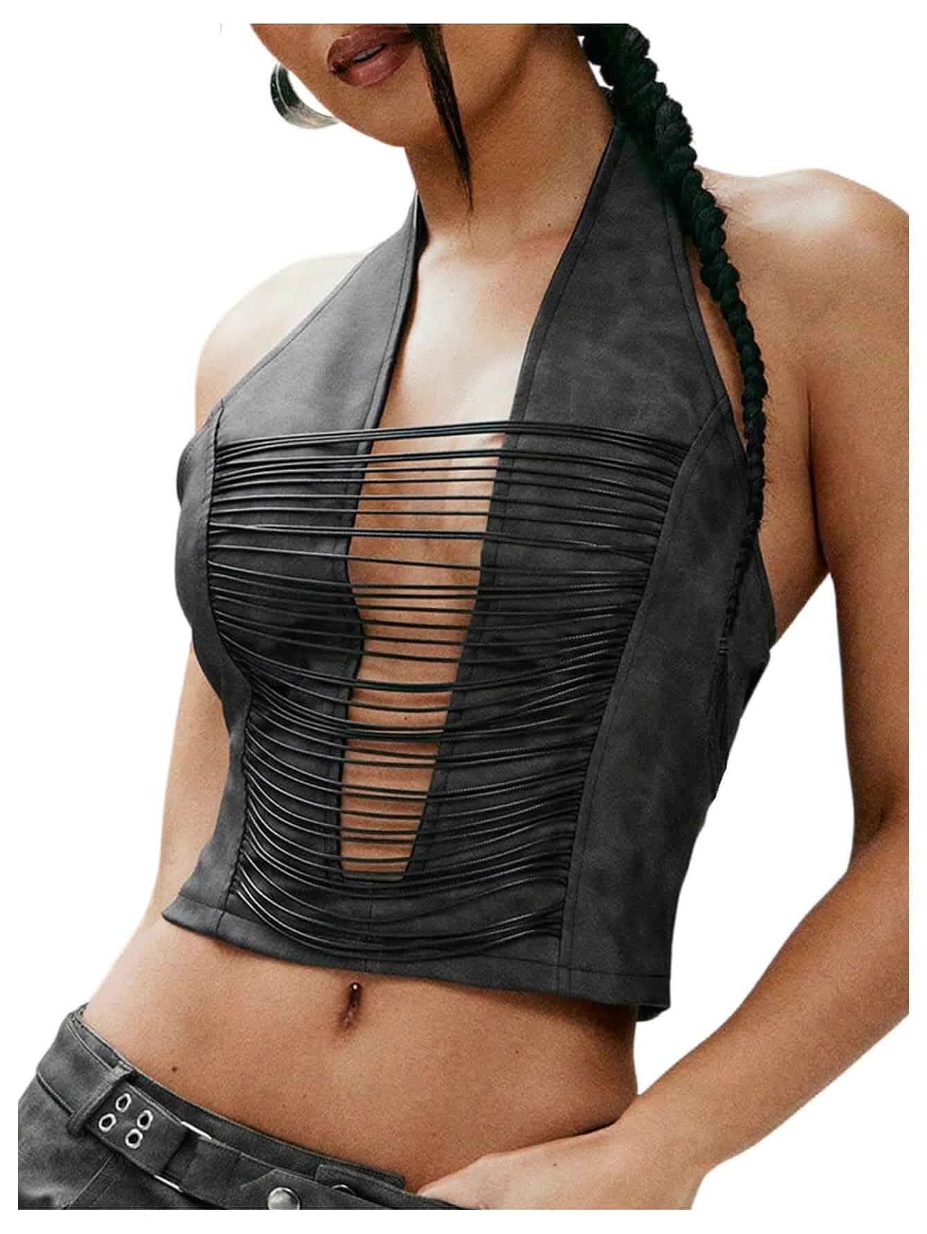 Milumia Women's Faux Leather Halter Crop Top Lace Up Deep V Neck Tank Tops Gothic Shirt, Sexy, Sleeveless, PU, Y2k , Rave Party Clubwear, Cropped Vest, Country Concert Outfit