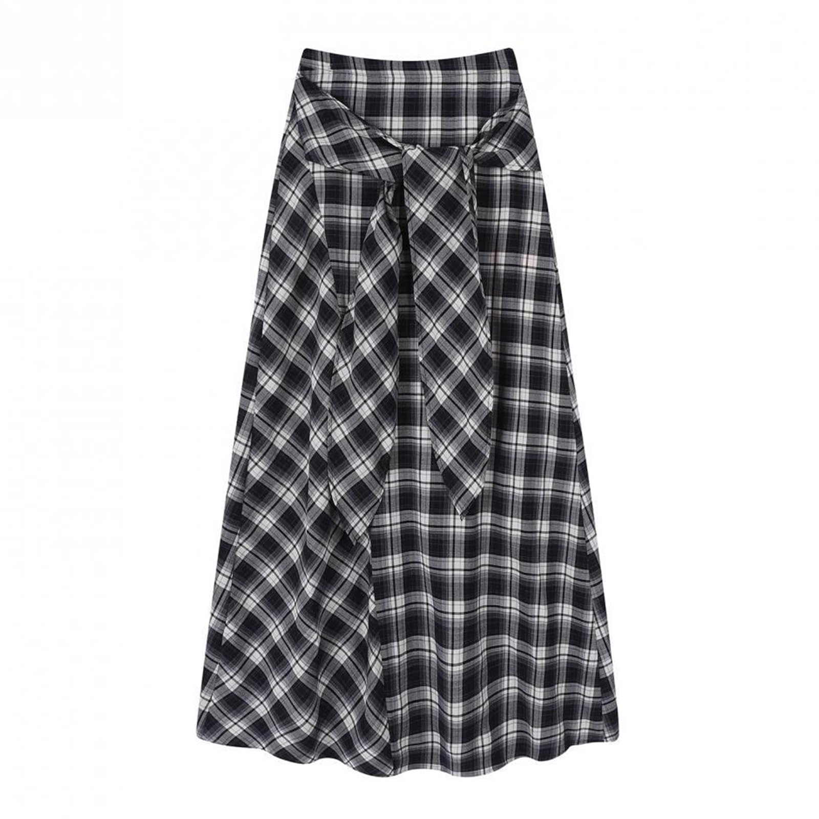 Womens Color-Block Plaid Maxi Skirt Tie Waist Flowy A-Line High Waist Casual Vintage Checkered Long Skirts