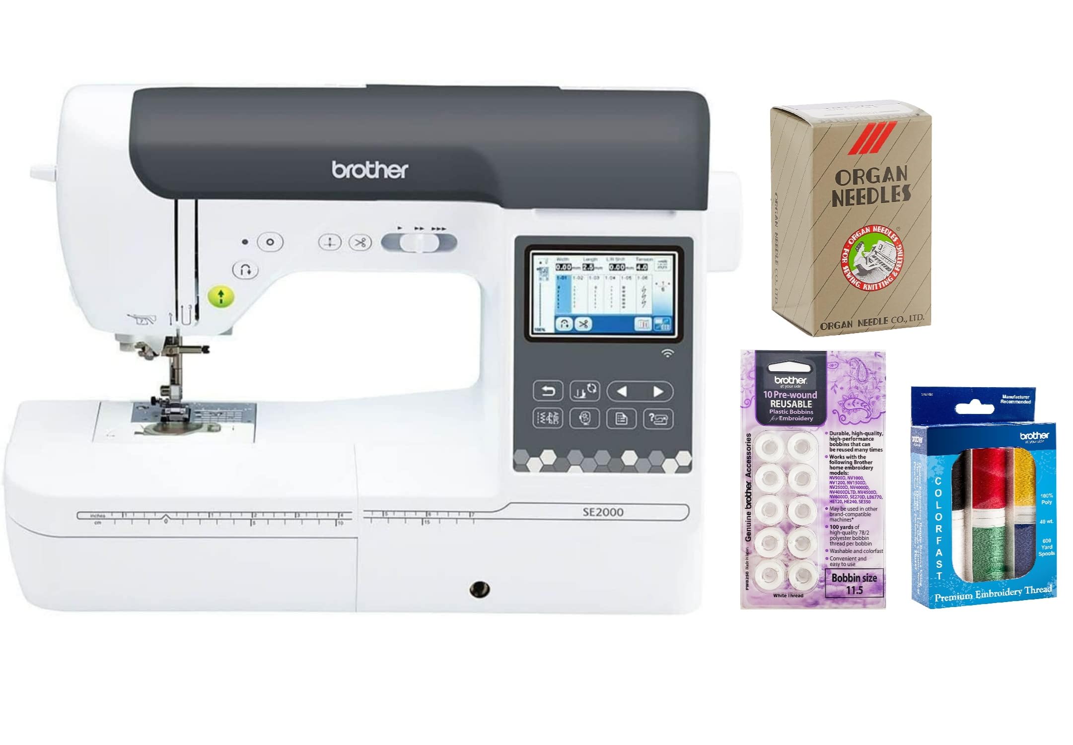 Brother SE2000 Computerized Sewing and Embroidery Machine, Premium Embroidery Thread 6 Spools, 75/11 Size Embroidery Needles 100 Count, White Pre-Wound Bobbins 10 Count Included