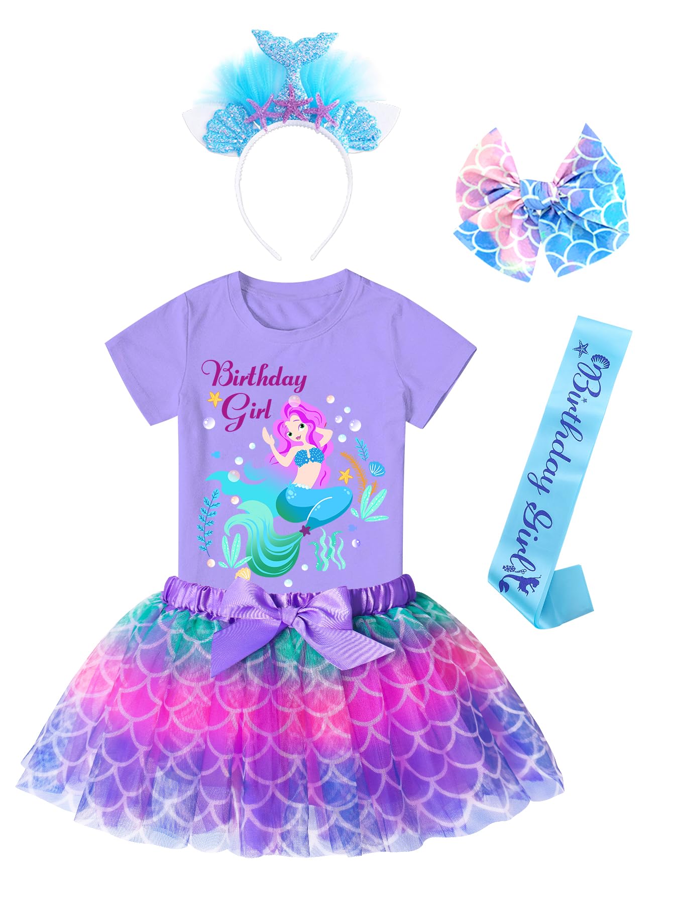 Doctor Unicorn Birthday Girls Mermaid Outfit Set Costume Tutu Skirt Dress, Mermaid Birthday Shirt, Headband & Satin Sash
