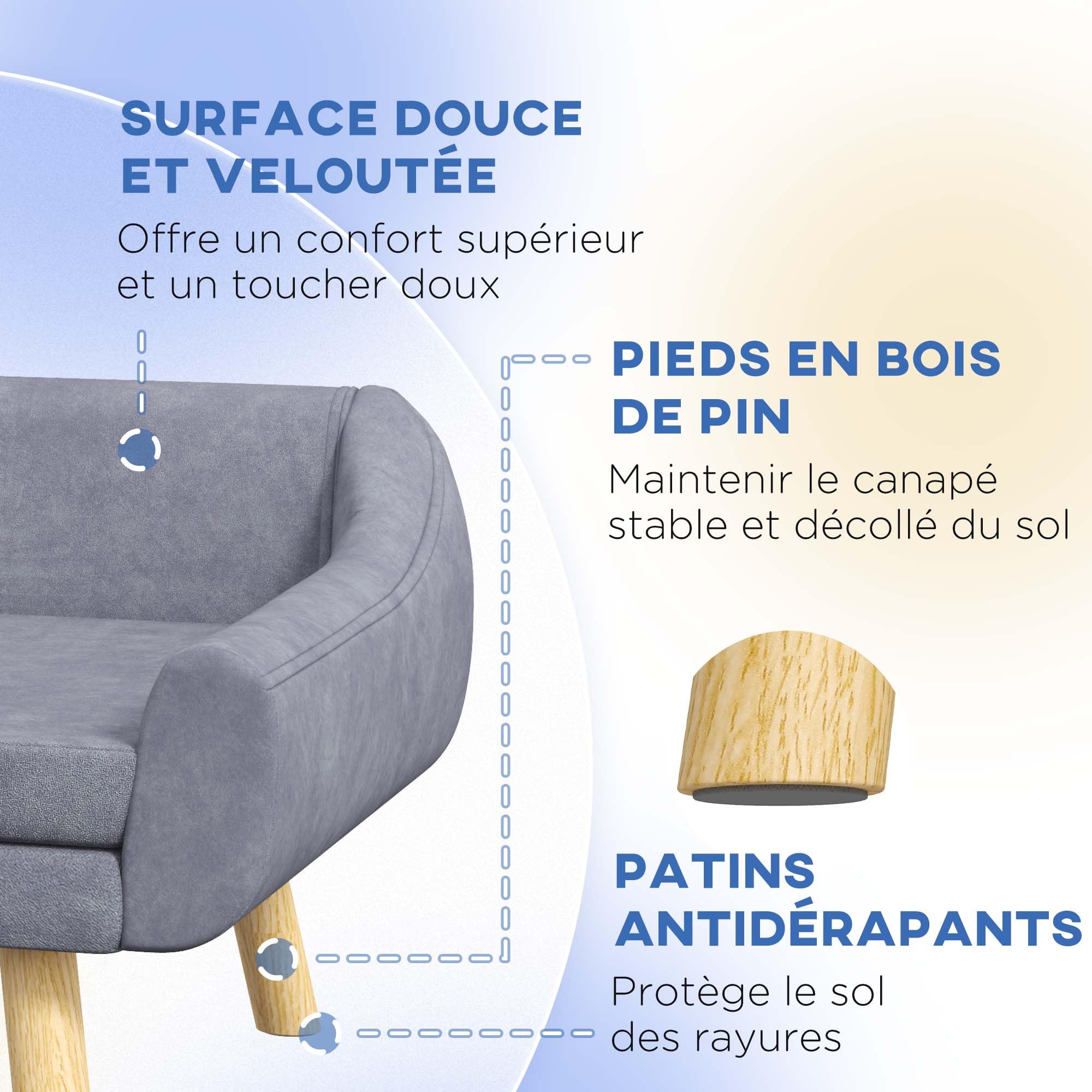PawHut Canapé pour Chien Chat Design scandinave Coussin Moelleux Amovible Tissu Aspect Velours Pieds Bois Massif 102L x 58,5P x 42,5H cm, Gris