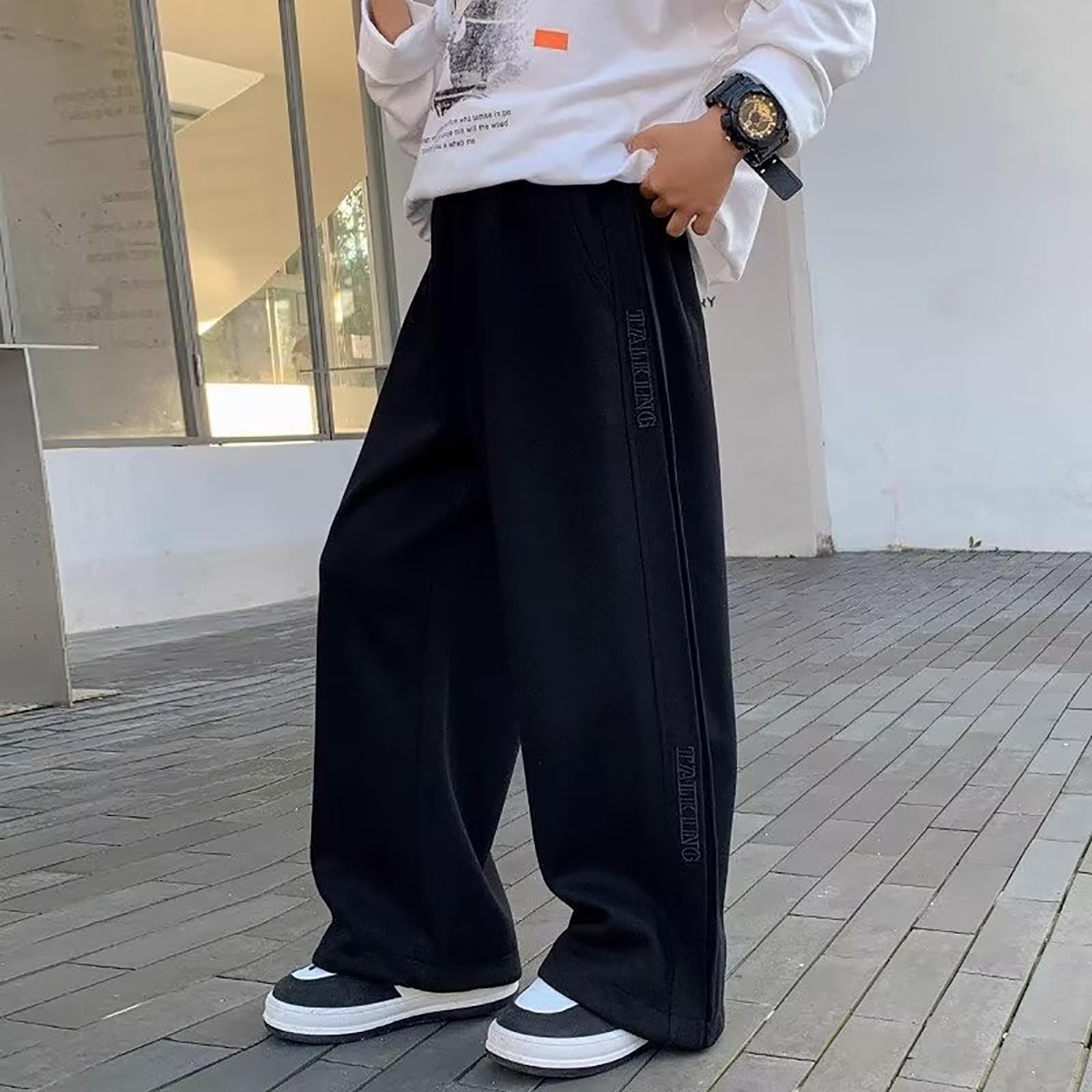 Pantalon de Jogging Sportif pour garçon à Jambes Larges, Pantalon de Sport d'automne décontracté, Taille élastique, Pantalon Baggy, Pantalon de Jogging avec Ourlet Ouvert pour Enfants et Adolescents