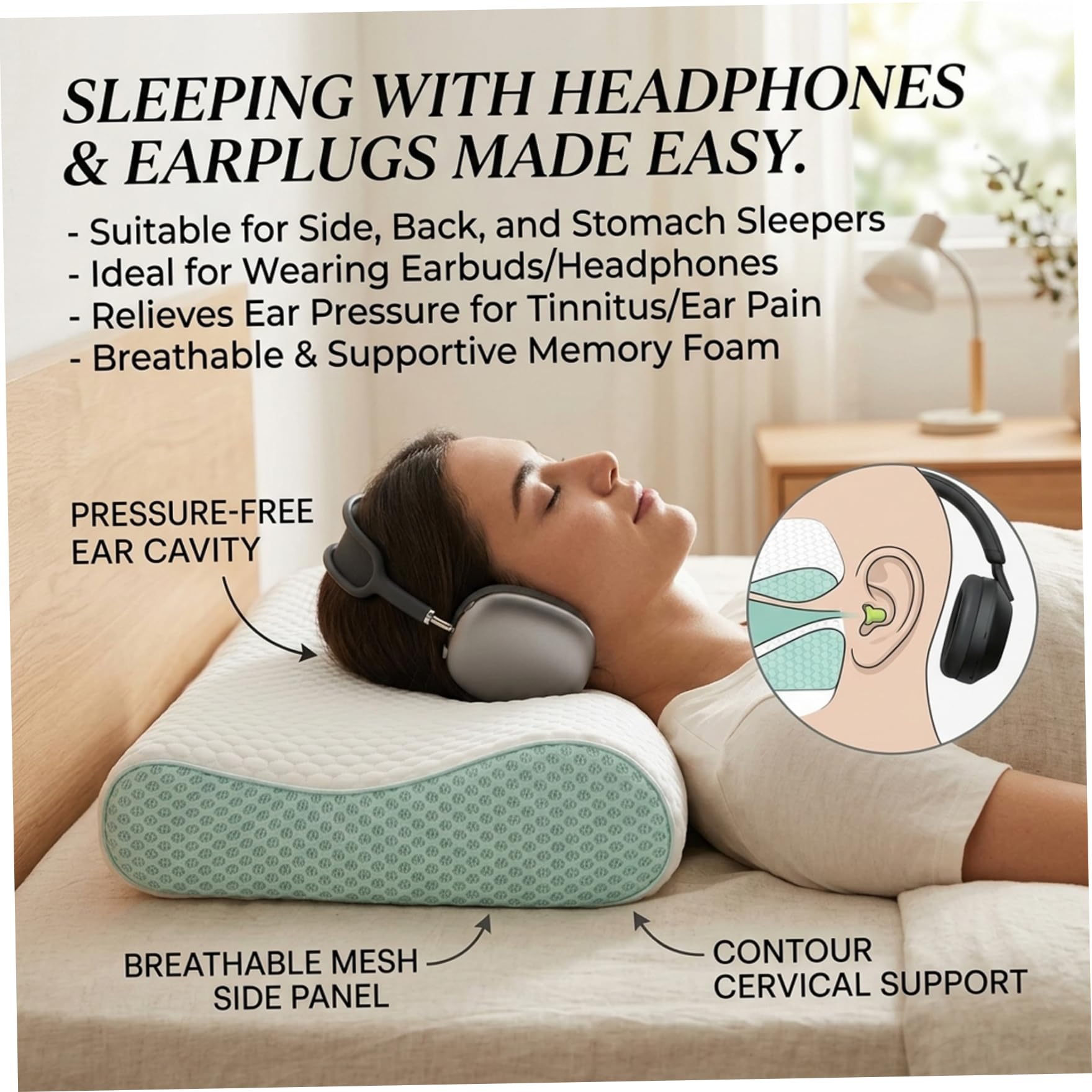 Almohada ergonómica para Piercing de Oreja de Espuma viscoelástica con Agujeros para Auriculares, Color Blanco, cómoda Almohada para Dormir de Lado para Piercings, Viajes