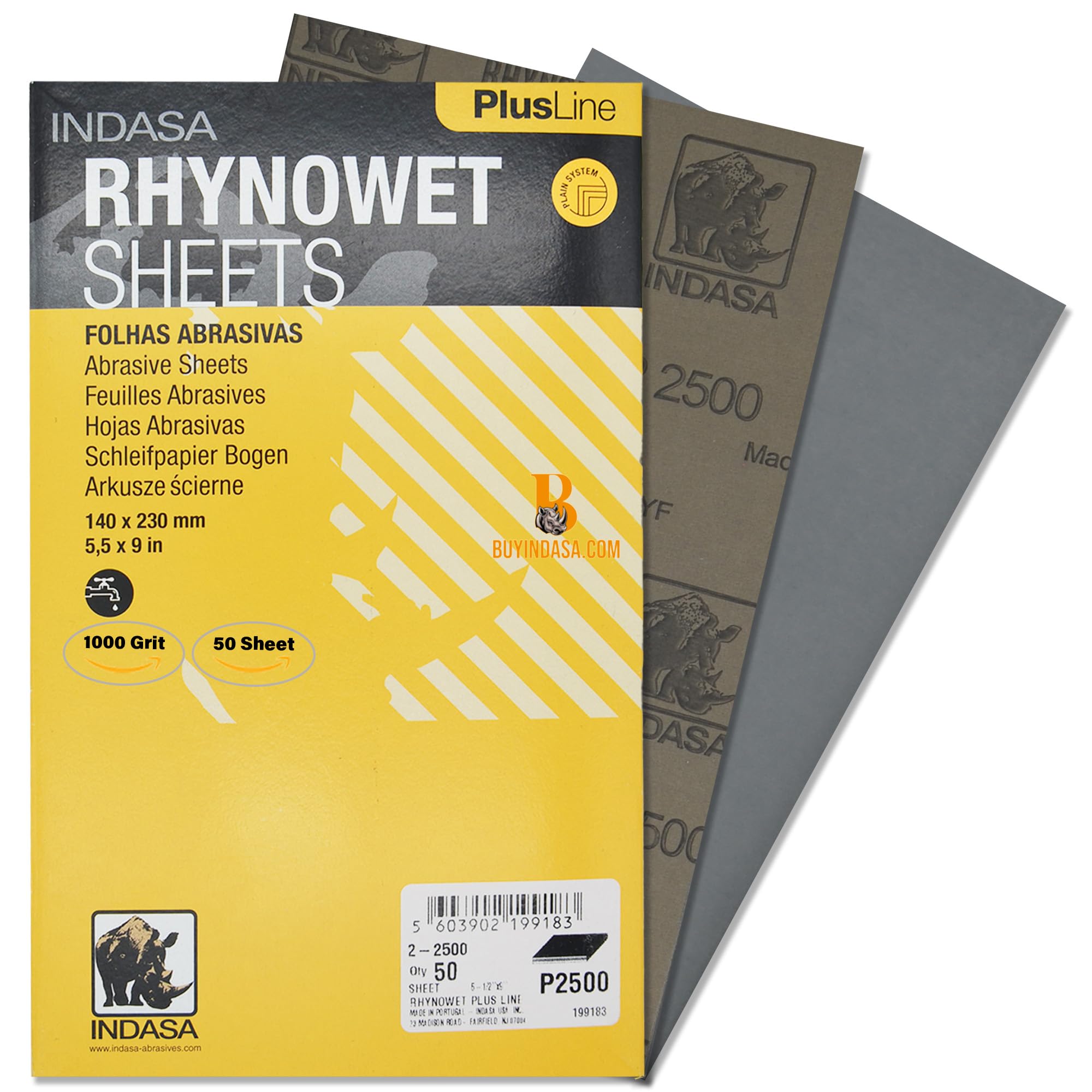 Indasa 50 PCS 5.5x9” Wet & Dry Rhynowet Sandpaper 1000 GRIT Half Sheets – Silicon Carbide Abrasive for Auto, Wood, Metal, Paint & Coat Finishing –