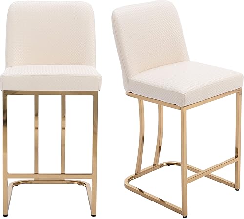 Miniatura 7 de VESCASA Taburetes de bar de 24 pulgadas de alto con respaldo, modernos de mediados de siglo tapizados de piel sintética con marco de metal dorado