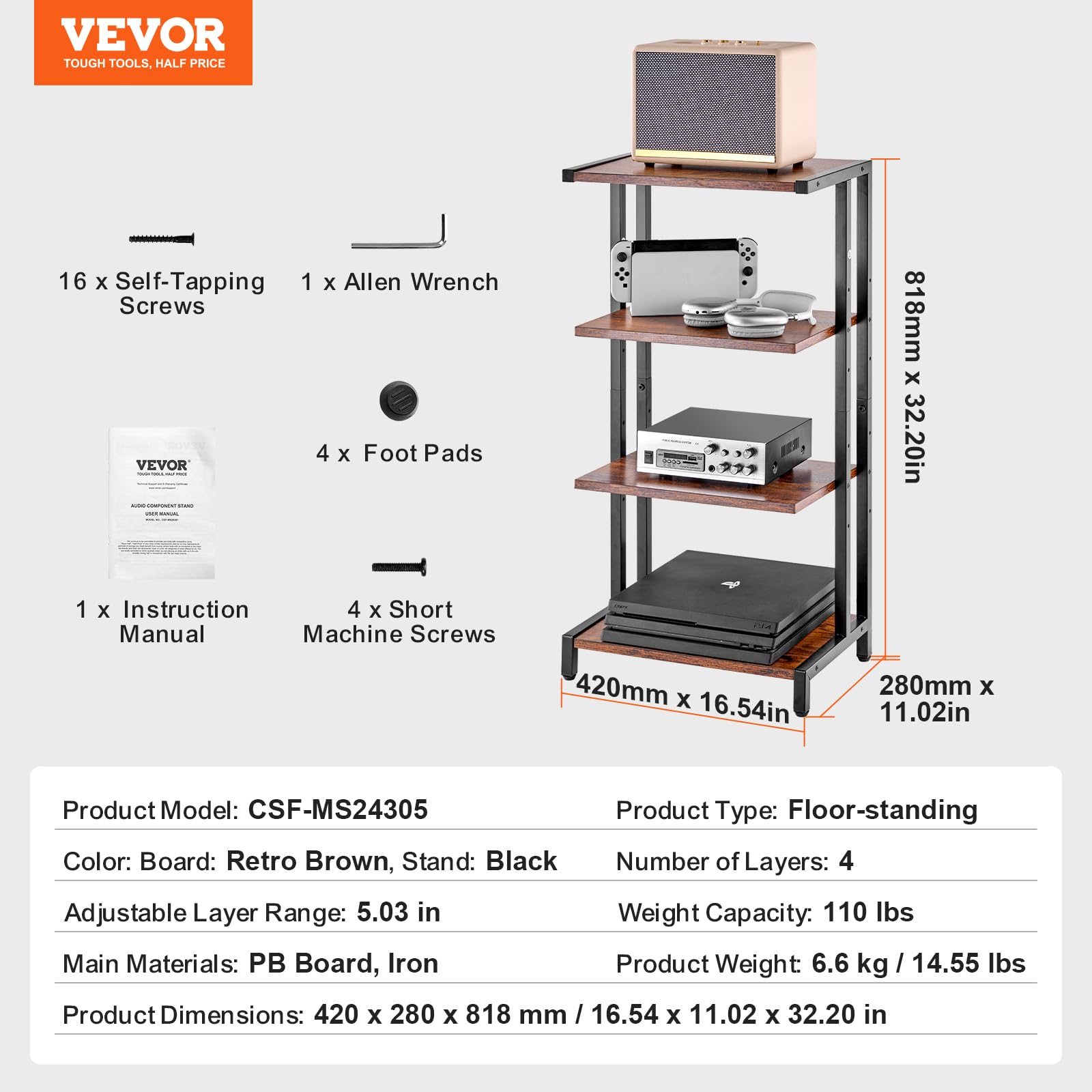 VEVOR Scaffale Portaoggetti Multimediale Altezza Regolabile 420 x 280 x 818 mm, Supporto Multimediale Audio-video 4 Ripiani in Legno per Attrezzatura Multimediale, Mobiletto Portaoggetti Marrone