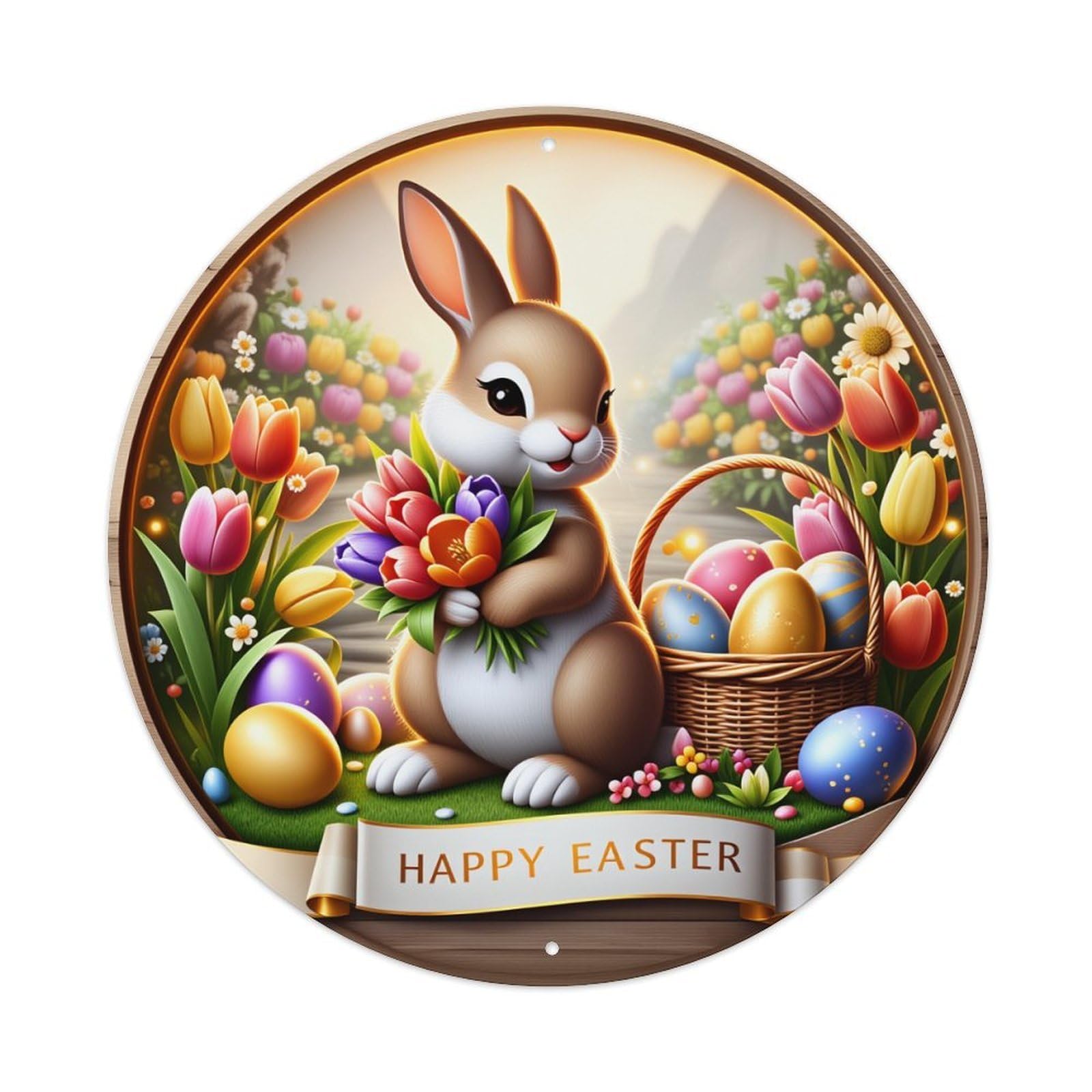 Easter Bunny Flowers Basket Eggs Metal Tin Sign Vintage Garden Bedroom Cafe Bar Man Cave Home Wall Decor Metal Poster 8x8 inches