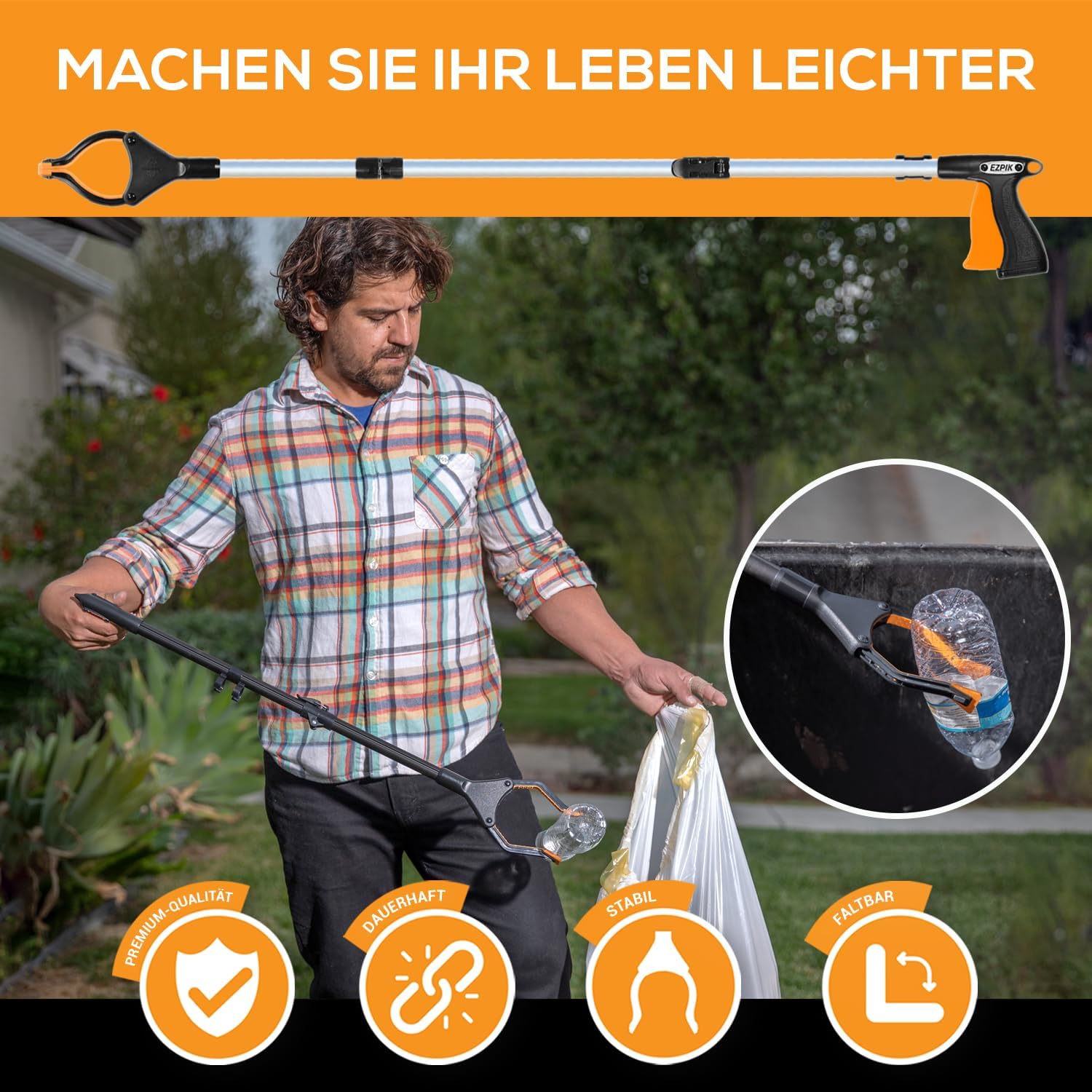 EZPIK 1 x 100 cm Greifer für Senioren mit Magnet-Greifarm, Robuste Greifzangen für Menschen mit Behinderungen, Drehbare Müllgreifer Zange, Gehilfe mit Befestigungsclip, 1er-Pack, Schwarz