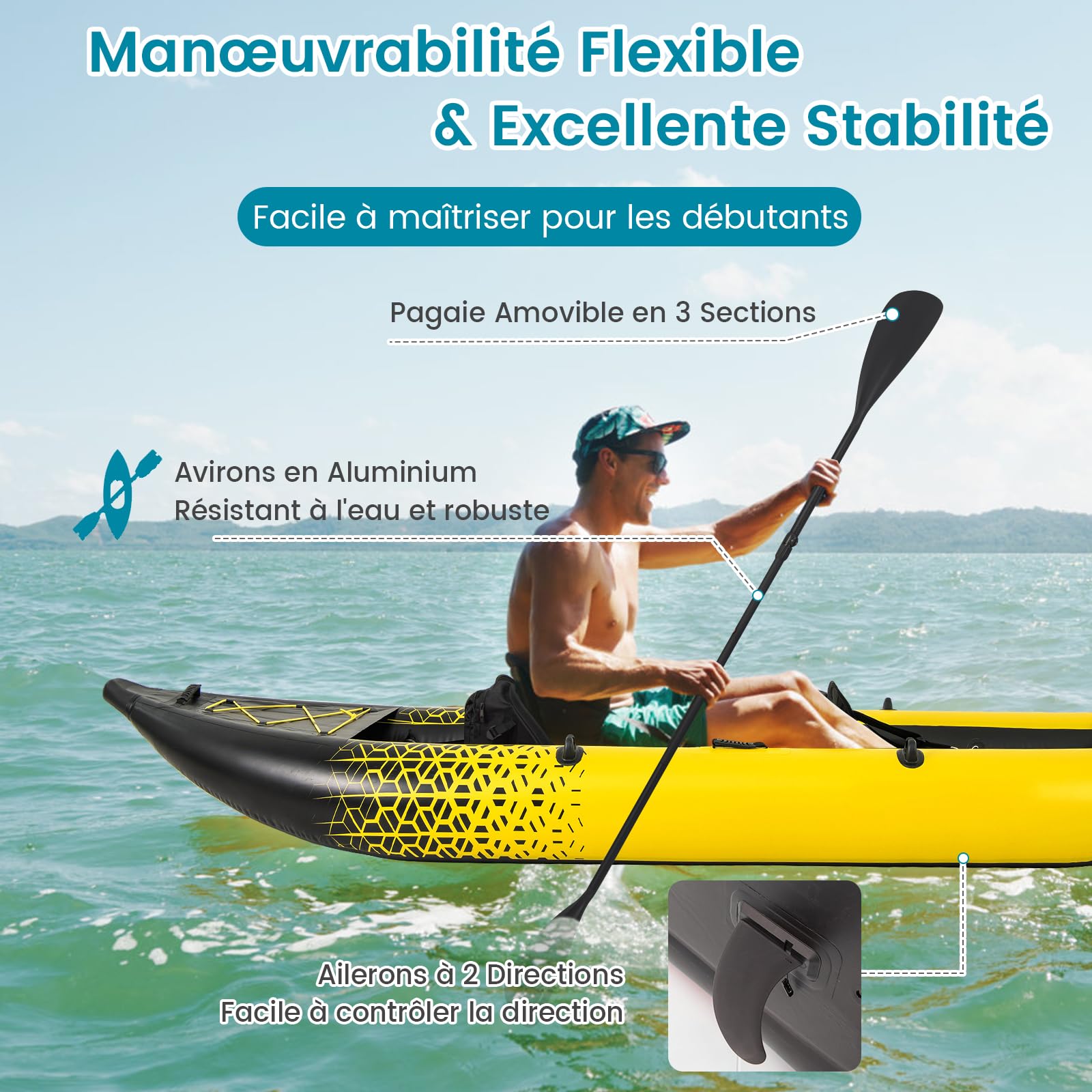 GYMAX Kayak Gonflable pour 2 Personnes, 2 Pagaies en Aluminium, Pompe à Main, 2 Ailerons, Sièges Rembourrés, Repose-Pieds Réglables, Capacité 230 Kg